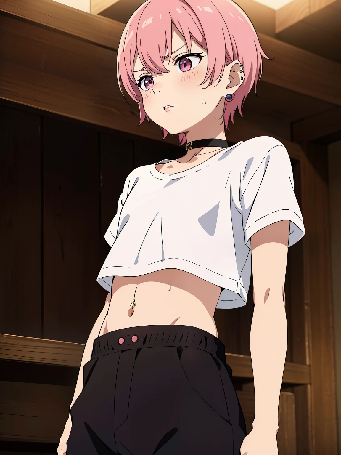 Highres, Masterpiece, Best quality at best,Best Quality,hight quality, hight detailed, 1boy, ???, Shota, Pink hair, Solo person, Croptop shirt, Torso, Slim body, Depth field, Anime screencap style, (very young kid), (very small and short body), 10-Year-Old-Boy, Red lips, Earring, Choker, Navel piercing, Sweat, Simple beckground, Uhd, Bokeh