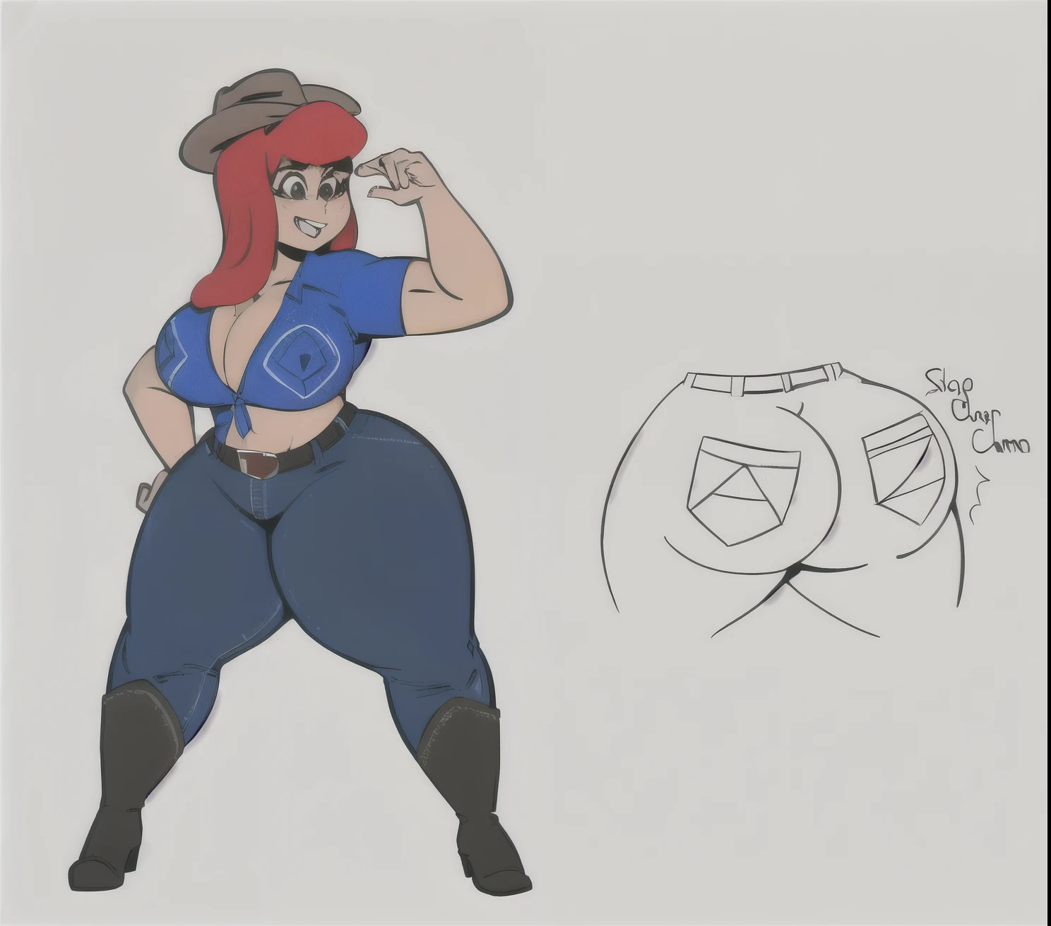 Cowgirl, Hat, red hair, Super thick curvy women, blue shirt & tops, belts & suspenders, blue jeans, brown boots,