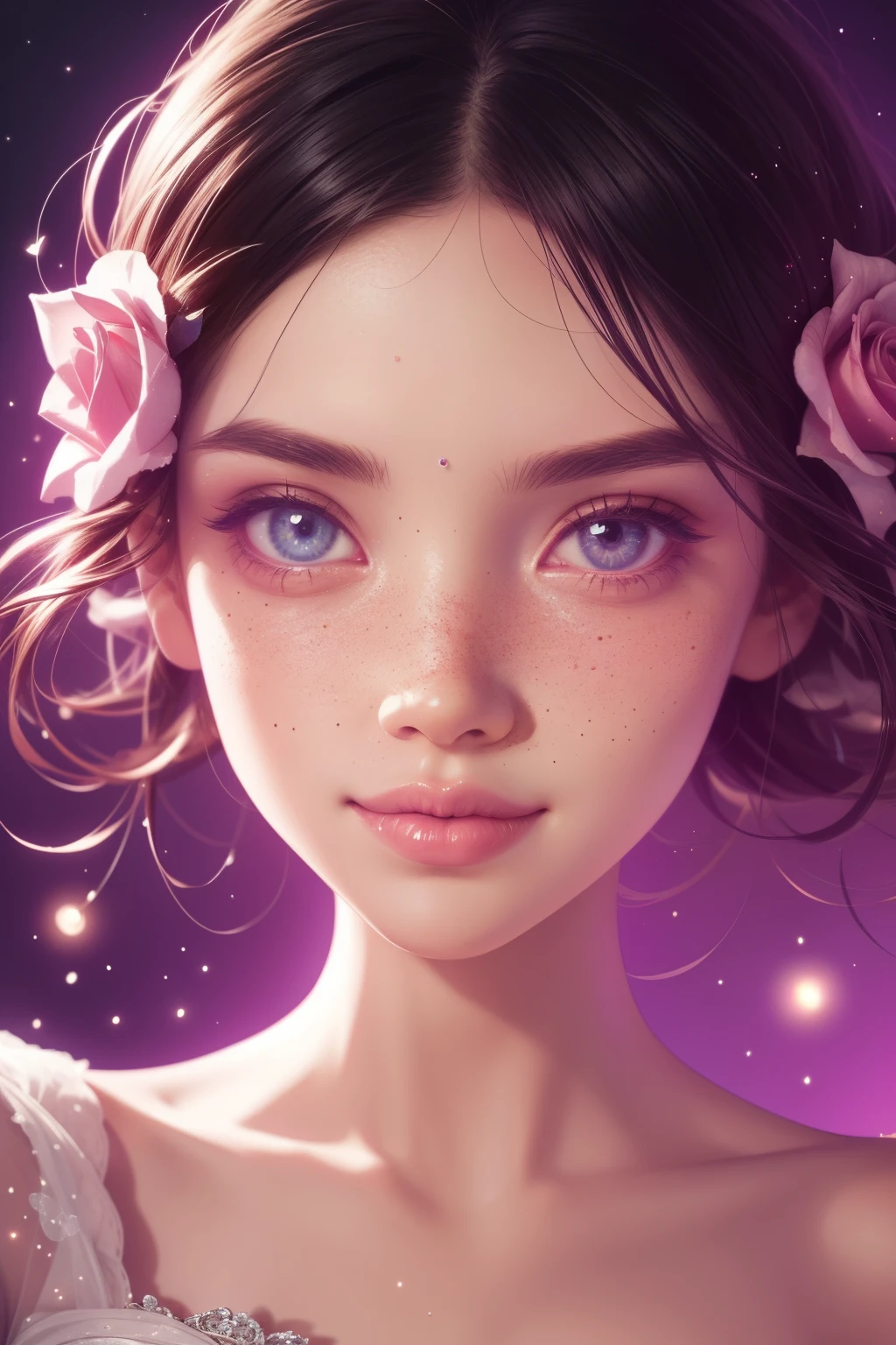 (This is a beautiful, intricate, (romatic) fantasy image that emphasizes beauty and grace.) Generate a blind curvy woman with milky eyes and soft natural freckles. Her face is important and should be (perfectly formed) with (beautiful puffy lips) and (perfect features). There is a cute freckle birthmark on her lip. The image exudes ethereal beauty and soft fantasy, with shimmering shades of pink throughout. Surround her with eternal roses in shimmering shades. Ensure perfection in her face, hair, and eyes. Include sweet and detailed birds and soft, luminous flowers and detailed roses. Utilize dynamic composition and dramatic lighting and cinematic lighting to create an interesting fantasy image. The background of the image is interesting and ultra-detailed, with soft fantasy lighting and gradients. Include fantasy details, cute aura, colorful, colourful, and interesting magical background. The image's background is decorated in shades of pink, shimmer, glitter, and fantasy details like colored bubbles and cosmos. Include subtle freckles, natural freckles and a diffused realistic skin tone. Incorporate elements of high fantasy, whimsy, and detailed elegance. English rose, princess, courtesan, noblewoman, sweet, lovely, calm, lovely, shimmering, glimmering, glittering, astrological fantasy, (((masterpiece))), (highest quality), magic rose, fantasy garden, beautiful face, perfect face, puffy lips, interesting, shy smile, fantasy elements, magic rose, beautiful eyes, perfect puffy lips, jewel tones, luminosity. Taken with a canon camera.