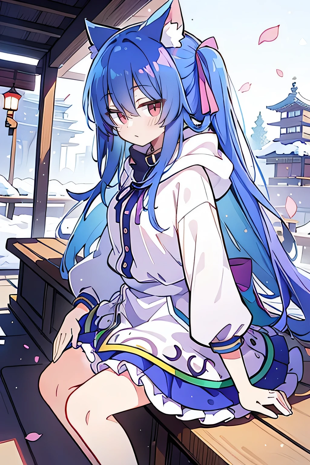 (masterpiece:1.2),Super detailed,lifelike,Expressive eyes,fair skin,perfect face shape,1 girl,
Japanese comics,Gorgeous blue hair,flowing blue hair,flowing clothes,Cat ears,Petals fall,beautiful lola,Baby Angel,
Shaking head with one hand,Cross your legs,Gentle and peaceful background,The pavilion is cool and comfortable,smile, wearing hoodie, background of tokyo,back views,snowing, winterexpressionless.