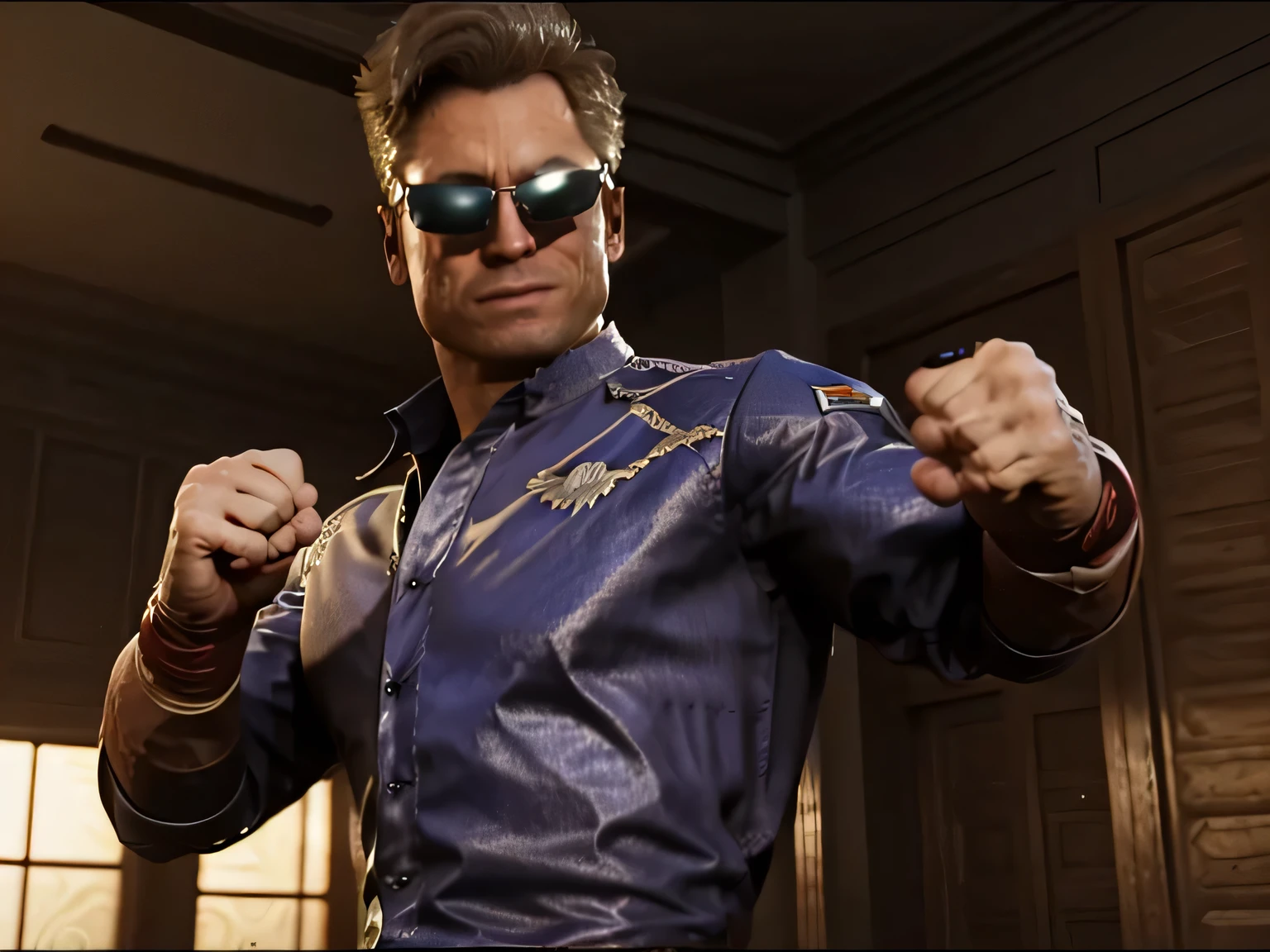 1 man, solo, (Johnny Cage), cocky smirk, sunglasses, fighting stance, fists, Mortal Kombat, Character Design, dynamic lighting, cool and bright colors, blue suit, trouser, upper body shot, indoors, mansion