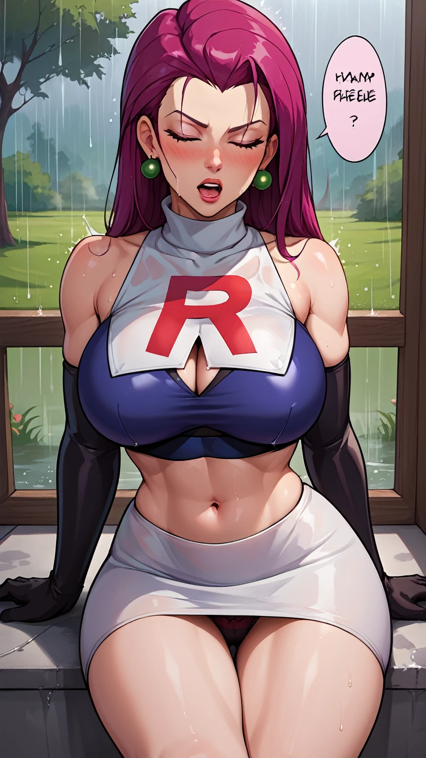 1girl, breasts, rain, crop_top, jessie_(pokemon), english_text, skirt, gloves, elbow_gloves, cleavage, jewelry, large_breasts, wet, long_hair, sitting, earrings, navel, purple_hair, closed_eyes, thighs, team_rocket, tank_top, team_rocket_uniform, underwear, midriff, solo, open_mouth, wet_clothes, blush, panties, black_gloves, thick_thighs, hair_over_one_eye, miniskirt, bare_shoulders, wet_hair, pantyshot, speech_bubble, black_panties, white_skirt