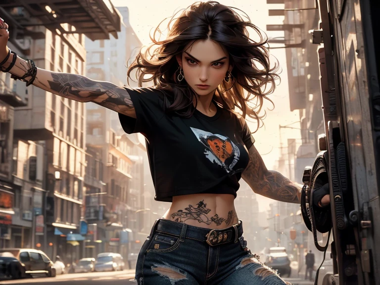 masterpiece, Cowboy shot, (1woman), (wild messy dark brown hair), (Black tshirt:1.2), (beautiful hazel seductive eyes), (tribal tattoo on hands), White, Orange and Blue colors, Foggy background, Graceful pose, (looking at viewer), (front view), (from sky), (bokeh:1.2), tight crop top