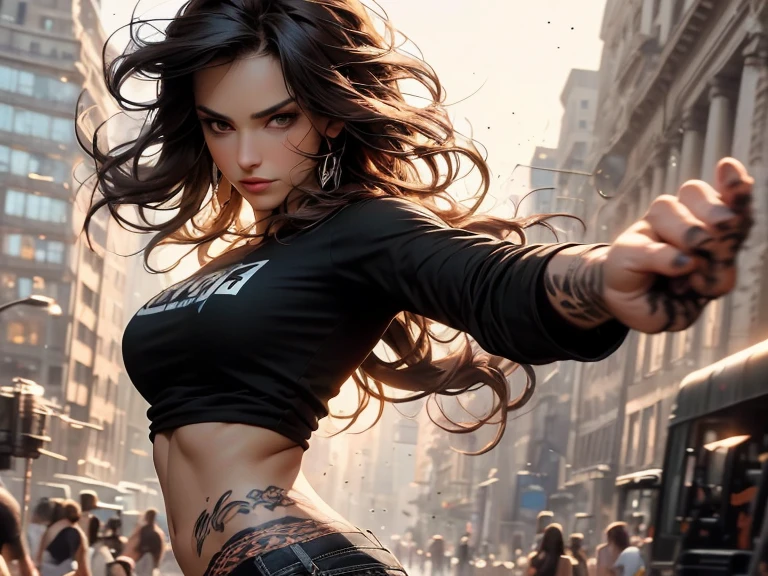 masterpiece, Cowboy shot, (1woman), (wild messy dark brown hair), (Black tshirt:1.2), (beautiful hazel seductive eyes), (tribal tattoo on hands), White, Orange and Blue colors, Foggy background, Graceful pose, (looking at viewer), (front view), (from sky), (bokeh:1.2), tight crop top