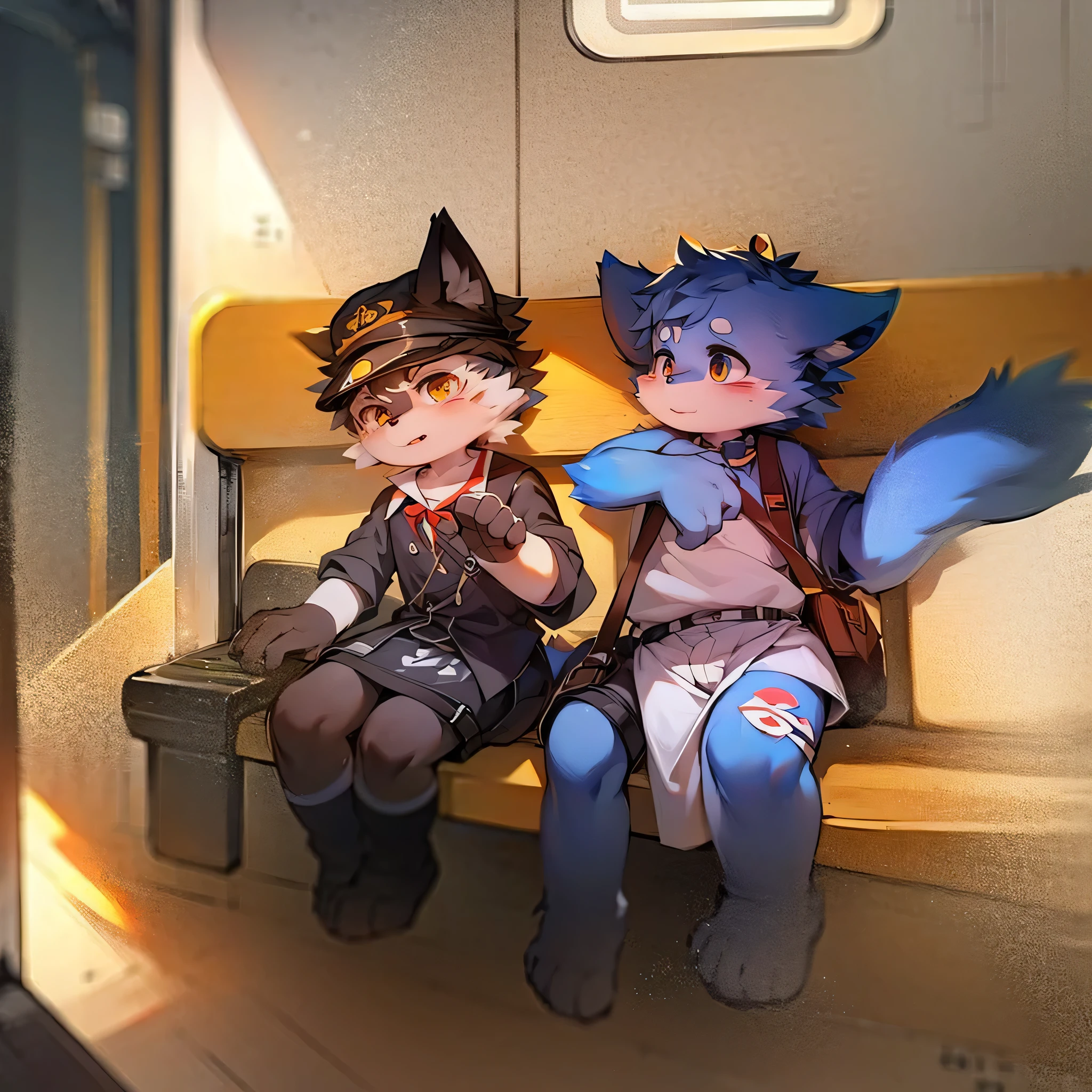 Blue fur, Canine, fox motif, boy, uniform,train,