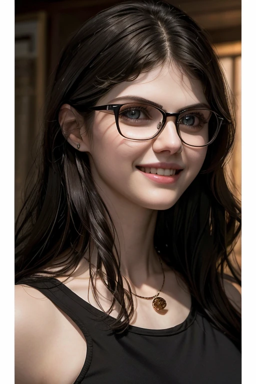 Alexandra Daddario, Delicate picture, a beautiful girl, long black hair, wavy hairstyle, wearing black-framed glasses, smile, necklace, temperament, big breasts,