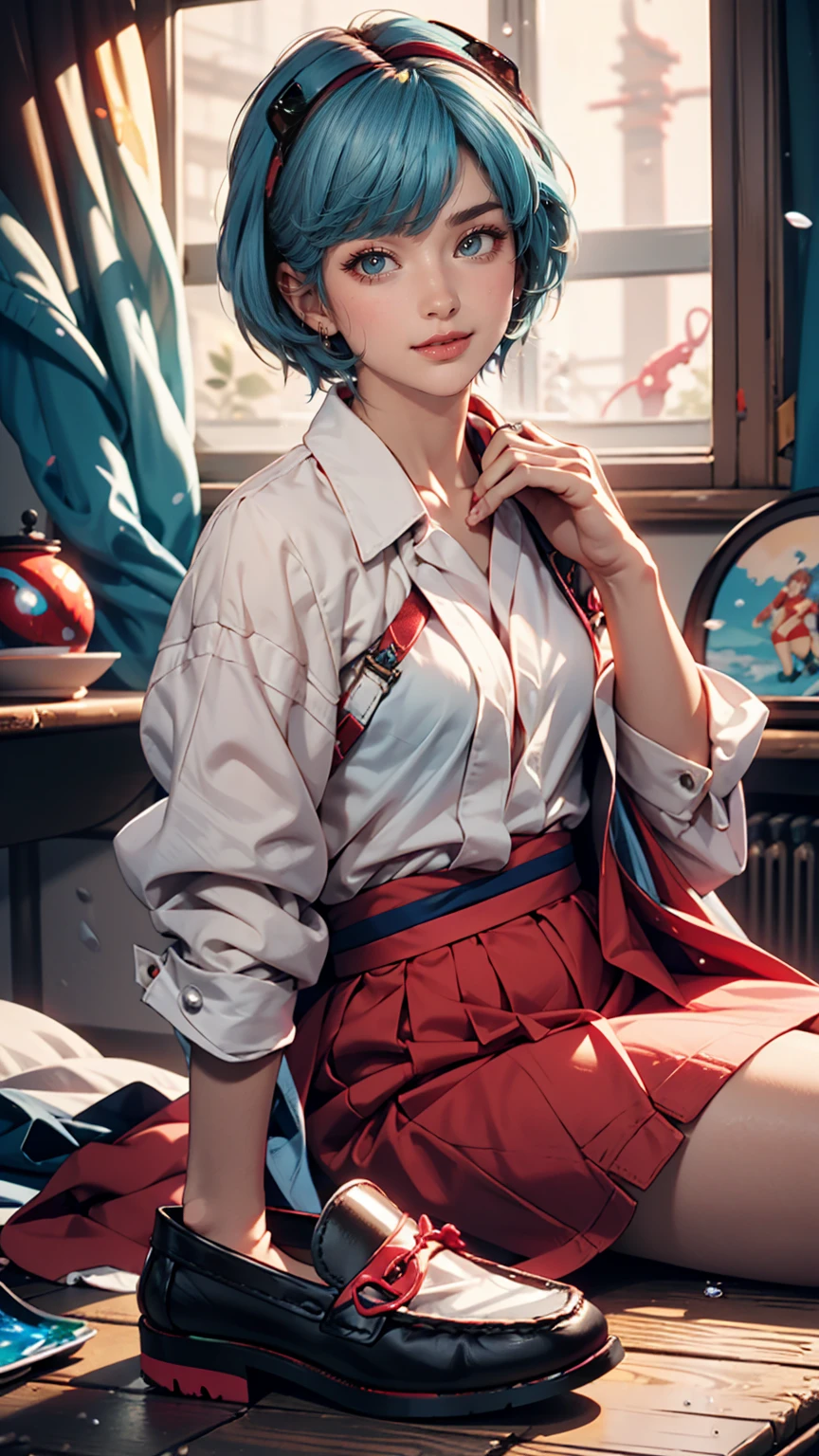 A masterpiece portrait of smiling Rei Ayanami (Evangelion), Evangelion (Hideaki), Caustics, High resolution illustrations, Red eyes, feminine, No students, Blue Hair, short hair, Japanese , loafers, Spank, Synthwave, paint Splashs, Shaded flat illustration, Digital Art, Trending on Artstation, Very detailed, The finer details, Complex, Splash, Overtake, Vaporware, Neon color