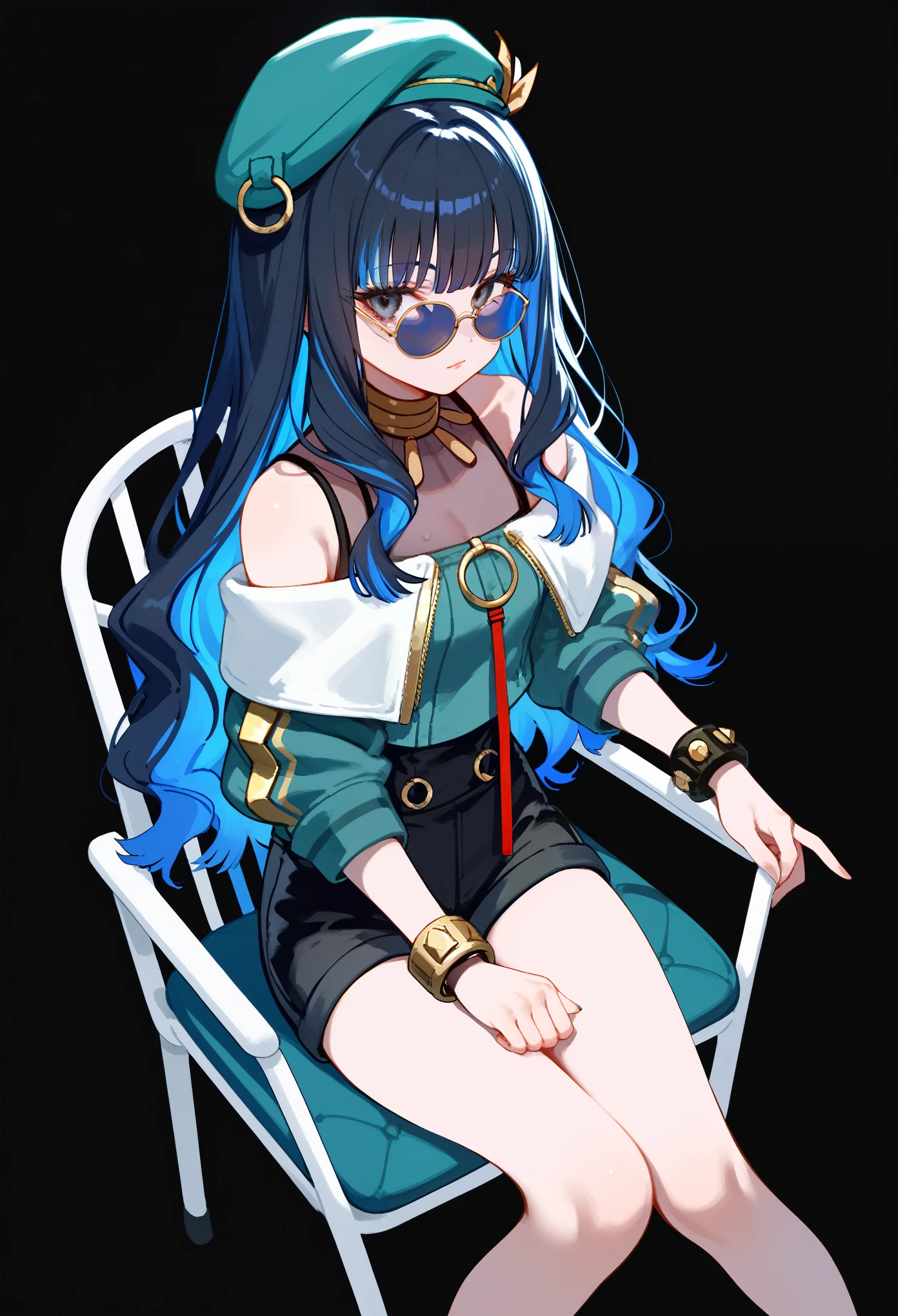 sitting,folding chair, 1girl, solo, long hair, black hair, colored inner hair, blue hair, wavy hair, eyeliner, makeup, jewelry, beret, o-ring, neck ring, black shorts, buttons, round sunglasses, bracelet, bare shoulders, green jacket, white jacket, off shoulder, zipper, from above, black background, simple background, masterpiece, score_9, score_8_up, score_7_up