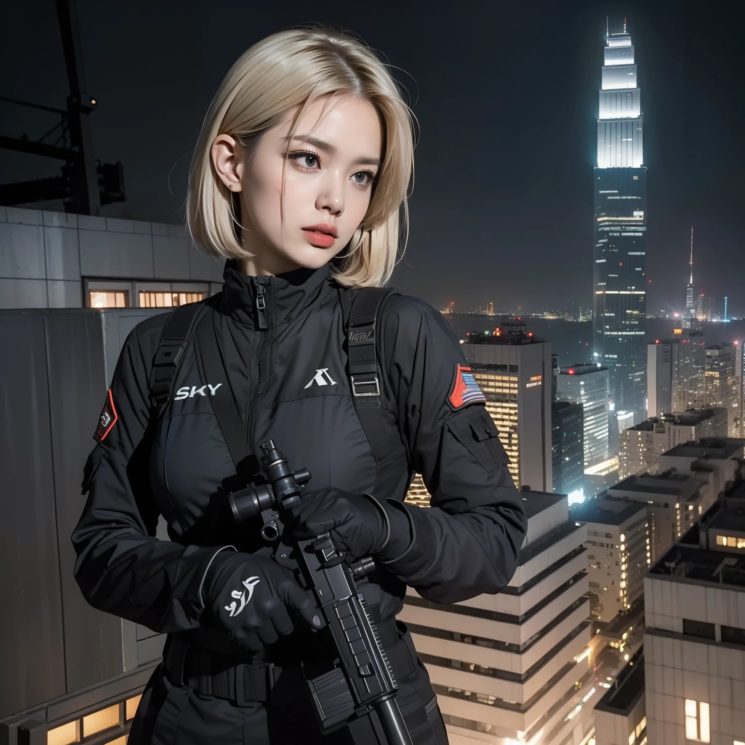 (Trained female soldiers)、((Aim and fire your rifle:1.4、Sniper stance、guns、h&K HK416))、1 Women、thick body、(Black combat uniform)、(platinum-blonde-hair:1.2)、((超A high resolution))、Detail Write、masterpiece、top-quality、extremely details CG、8K picture quality、Cinematographic lighting、lensflare、(Skyscraper rooftop at night:1.4)、Hyper-detailing、((Dynamic Angle Bust Shots:1.4))、Detailed firearm depiction、Rifle with perfect detail、Perfect barrel that does not distort、Fighter in the sky、