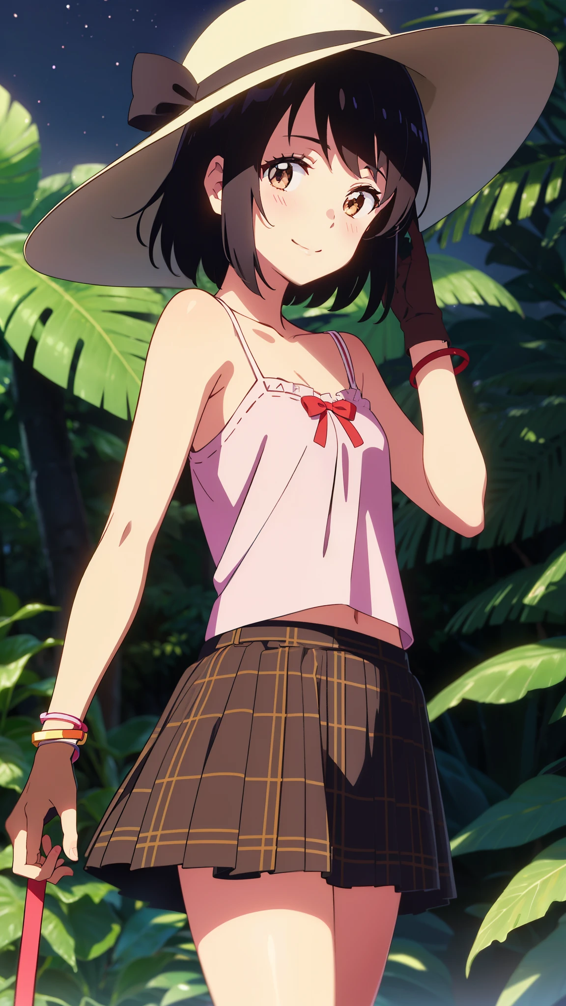 shinkai makoto, kimi no na wa., 1girl, bangs, black hair, blush, brown eyes, red headband, red ribbon, bracelet, short hair, cute, beautiful, shinny skin, looking at viewer, smile, cute, solo, camisole, skirt, plaid skirt, short sleeves, outdoors, gloves, straw hats, Rainforest background, in the forest, night, night sky