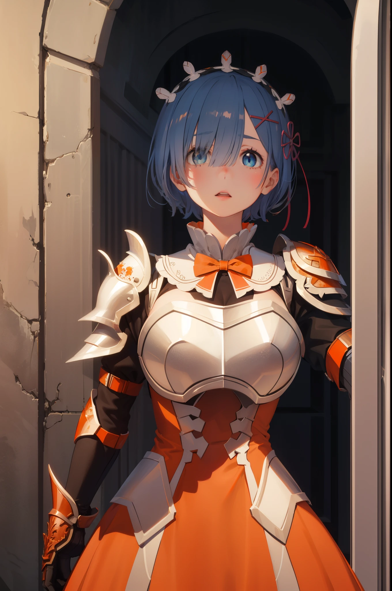 ph_rem, remhd, 1girl, blue hair, solo, blue eyes, x hair ornament,
BREAK (red bowtie, shoulder armor, sidelocks, (white armor:1.5), breastplate, (orange dress:1.5):1.2),
BREAK (masterpiece:1.2), best quality, high resolution, unity 8k wallpaper, (illustration:0.8), (beautiful detailed eyes:1.6), extremely detailed face, perfect lighting, extremely detailed CG, (perfect hands, perfect anatomy),
