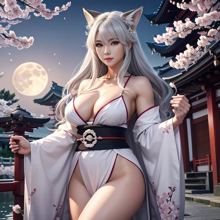Beautiful Goddess(1 person)、White Fox Incarnation、It has nine tails、Beautiful woman、kimono、Trained muscles、Big Breasts、Gray Hair、Captivating body、Japanese Shrines、Cherry Blossoms at Night、full moon、8k、Realistic