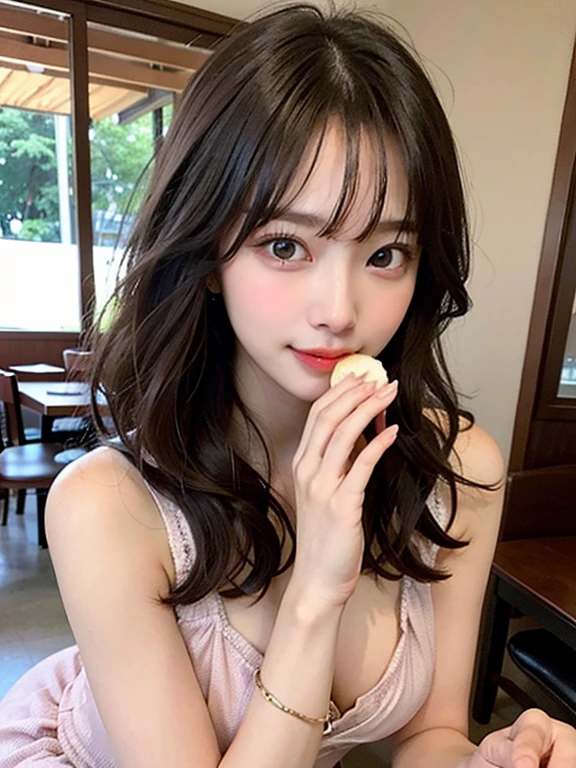 Silk dress、Bust-up angle、Beautiful shoulders、Soft Curl Hairstyle、High resolution、Narrow waist、High tone hair color、Korean Idol、Realistic eyes、Beautiful eyelashes、High resolutionの顔、20-year-old、pink dress stay piece, highest quality, figure, Very detailed, Fine details, High resolution, 8K Dende Wallpaper, Beautiful fine details, Random Cute Hairstyles, f cup breasts, Natural color lip、Large Breasts、valley、At a restaurant, food, Eating a banana, (I comb my own hair), smile, Sealing, floor,