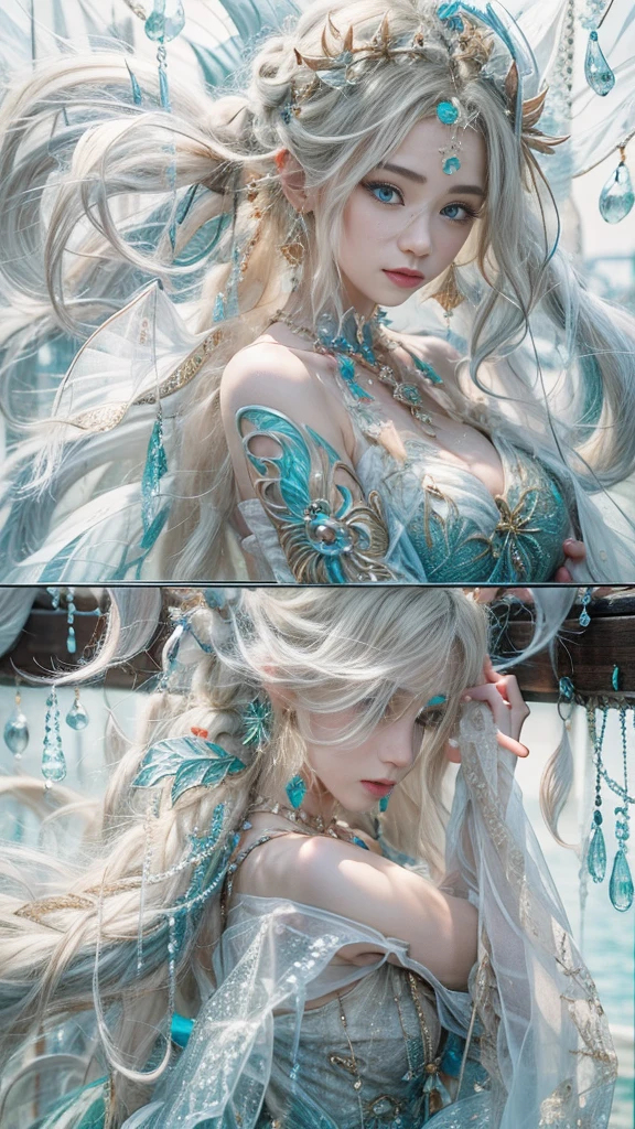(RAW shooting, dignity:1.0, 32k:1.5, highest quality, masterpiece, Ultra-high resolution), (snow, Ocean:0.7, Majestic Background:0.7, Mystical Expressions:1.3, Expressions of sadness:1.0), Perfect dynamic composition:1.3, 非常にdetailedな肌と顔の質感:1.3, (Slim Mermaid:1.3, Mermaid tail), Random Shot, Fair skin:1.2, Incredibly slim body:1.2, Fractal Art:1.1, Very beautiful face:1.1, Water droplets on the skin, detailed, (Rain drips down on my body:1.1, Wet body:1.1, Wet Hair:1.1), (Posing Pro:0.9, With a wet bouquet:0.9, Colorful and gorgeous mermaid dress portrait:1.1, Woven Belt), Shapely breasts, (Big eyes that exude beautiful eroticism:0.5, Lips that exude beautiful eroticism:0.5), I love you, Very sweet atmosphere, necklace, Earrings, bracelet