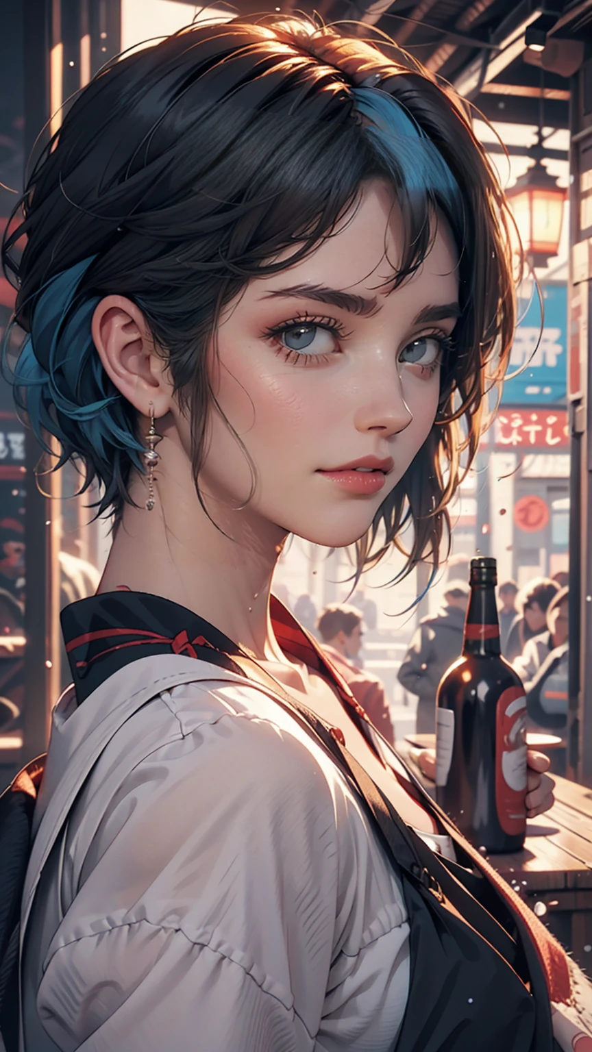A masterpiece portrait of smiling Rei Ayanami (Evangelion), Evangelion (Hideaki), Caustics, High resolution illustrations, Red eyes, feminine, No students, Blue Hair, short hair, Japanese , loafers, Spank, Synthwave, paint Splashs, Shaded flat illustration, Digital Art, Trending on Artstation, Very detailed, The finer details, Complex, Splash, Overtake, Vaporware, Neon color