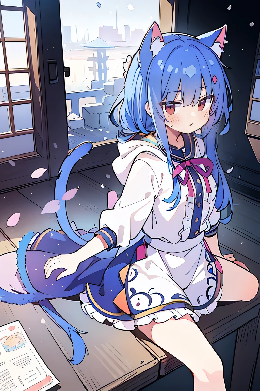 (masterpiece:1.2),Super detailed,lifelike,Expressive eyes,fair skin,perfect face shape,1 girl,
Japanese comics,Gorgeous blue hair,flowing blue hair,flowing clothes,Cat ears,Petals fall,beautiful lola,Baby Angel,
Shaking head with one hand,Cross your legs,Gentle and peaceful background,The pavilion is cool and comfortable,smile, wearing hoodie, background of tokyo,back views,snowing, winter.