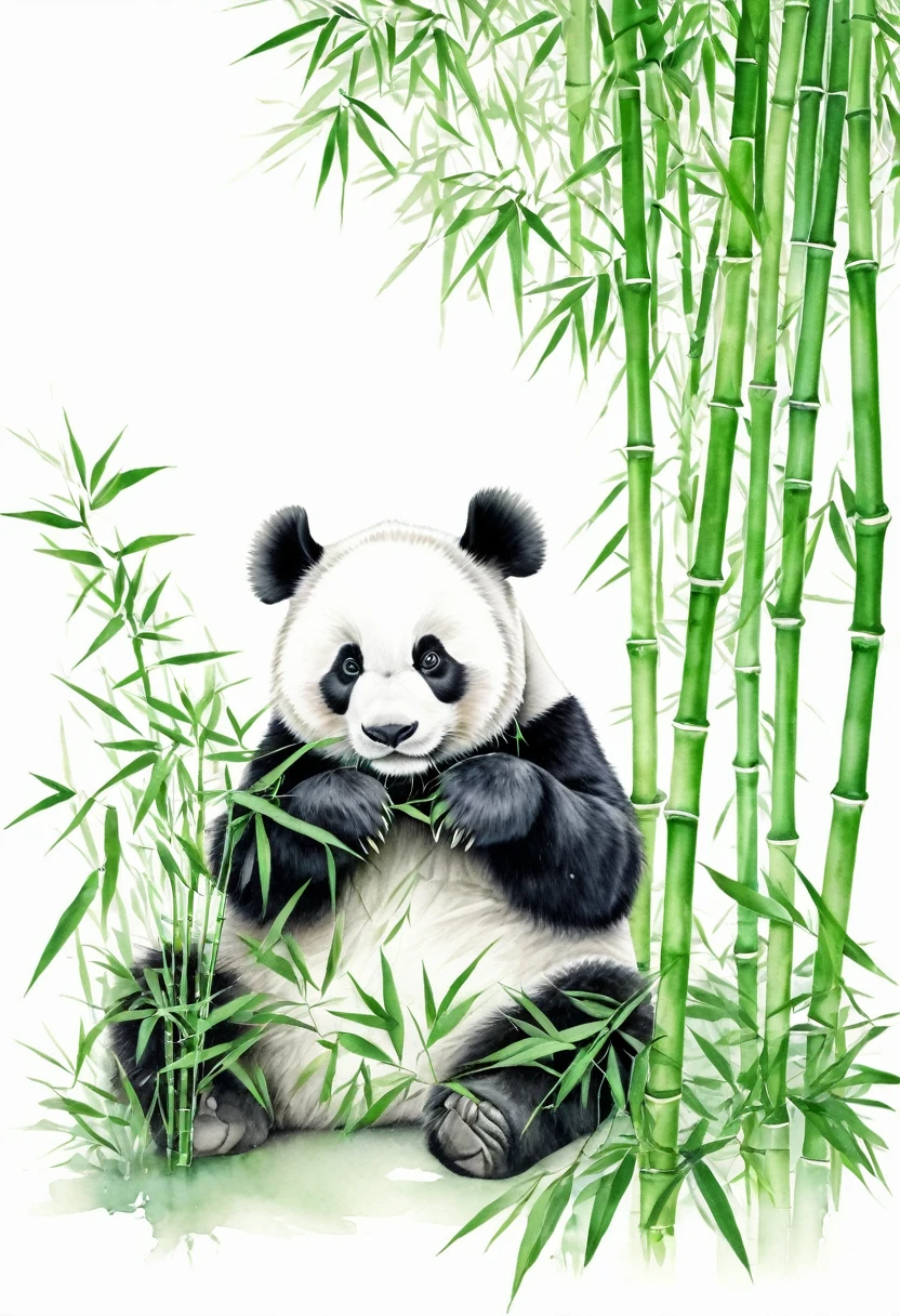 Watercolor Landscape, a panda, The shading of the Chinese-style paper, the pale green bamboo, white background, best quality, masterpiece, very aesthetic, perfect composition, intricate details, ultra-detailed