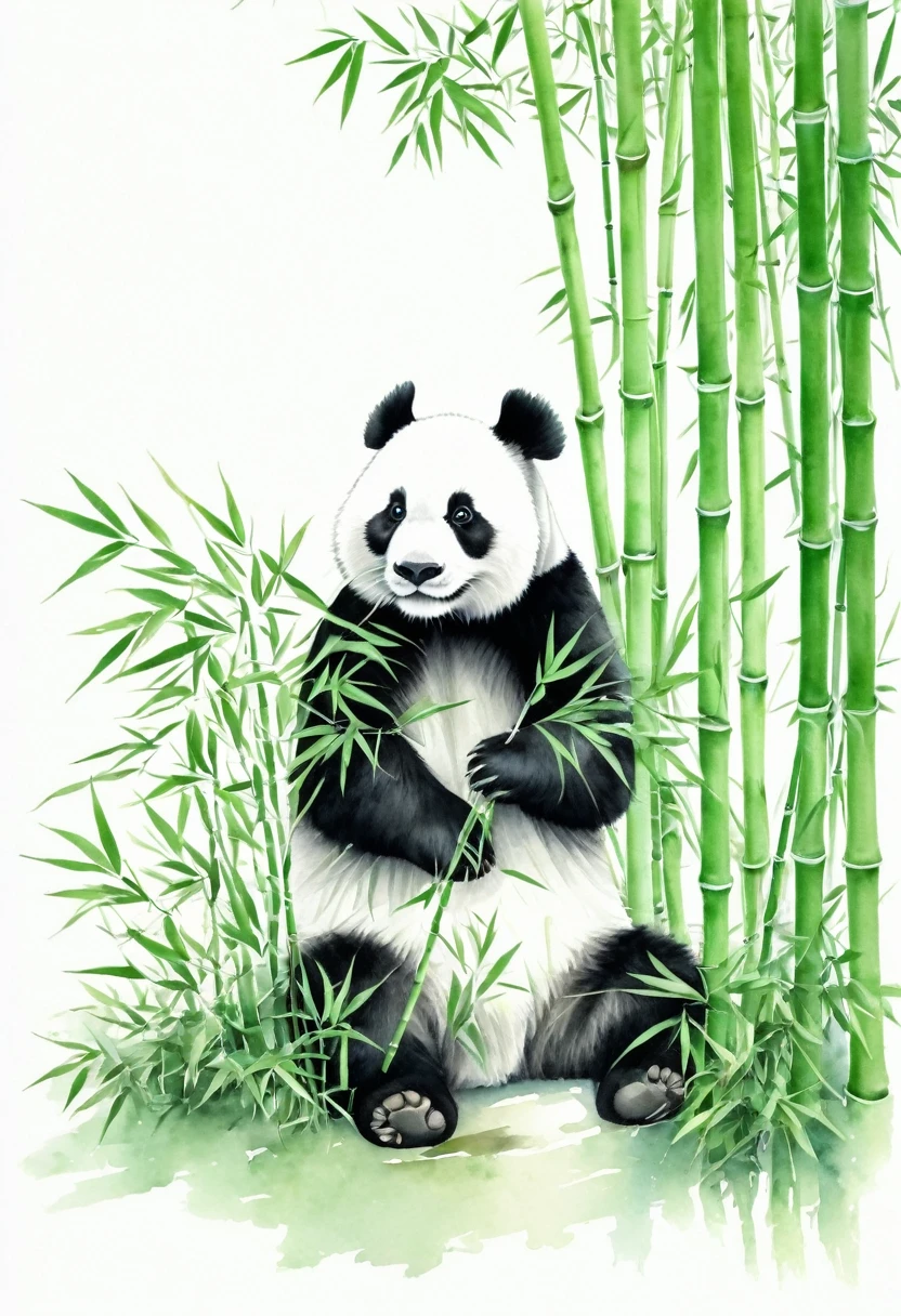 Watercolor Landscape, a panda, The shading of the Chinese-style paper, the pale green bamboo, white background, best quality, masterpiece, very aesthetic, perfect composition, intricate details, ultra-detailed