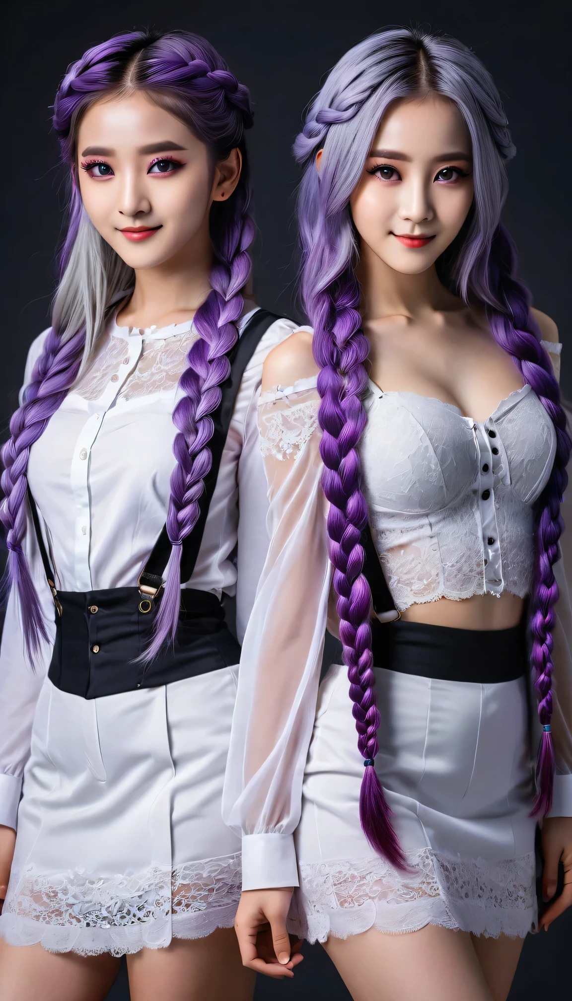 (Top quality, 8K, masterpiece: 1.3)), man and woman standing back-to-back looking at the viewer，yinji , purple hair,purple eyes,very long hair,grey hair,double braid,gradient hair, 15 years old, Portrait Photography, High contrast, Divine Perspective, Aperture F1.2, Focal length 24mm, (whole body: 1.2), Smile, Photo poses, Exquisite lace, Suspender Skirt, Simple cutting dress, Brand clothing, Simple cutting, Extremely detailed skin details, Fine fabric texture