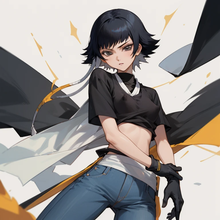 ((highest quality)), ((masterpiece)), (Familiar),  BLEACH,Soi Fon, 1 girl, alone,  Erect nipples, Black Hair,Slanted Eyes, Black clothes,Black Shirt,jeans, thin, short hair, Small breasts, gloves, 