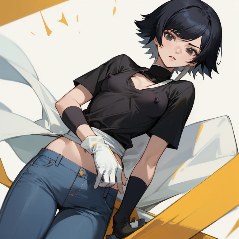 ((highest quality)), ((masterpiece)), (Familiar), BLEACH,Soi Fon, 1 girl, alone, Erect nipples, Black Hair,Slanted Eyes, Black clothes,Black Shirt,jeans, thin, short hair, Small breasts, gloves,