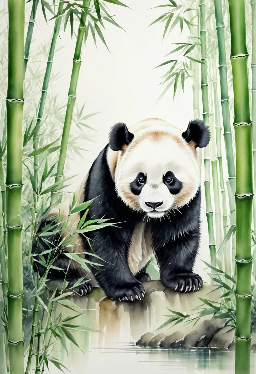 Watercolor Landscape, a panda, The shading of the Chinese-style paper, the pale green bamboo, white background, best quality, masterpiece, very aesthetic, perfect composition, intricate details, ultra-detailed