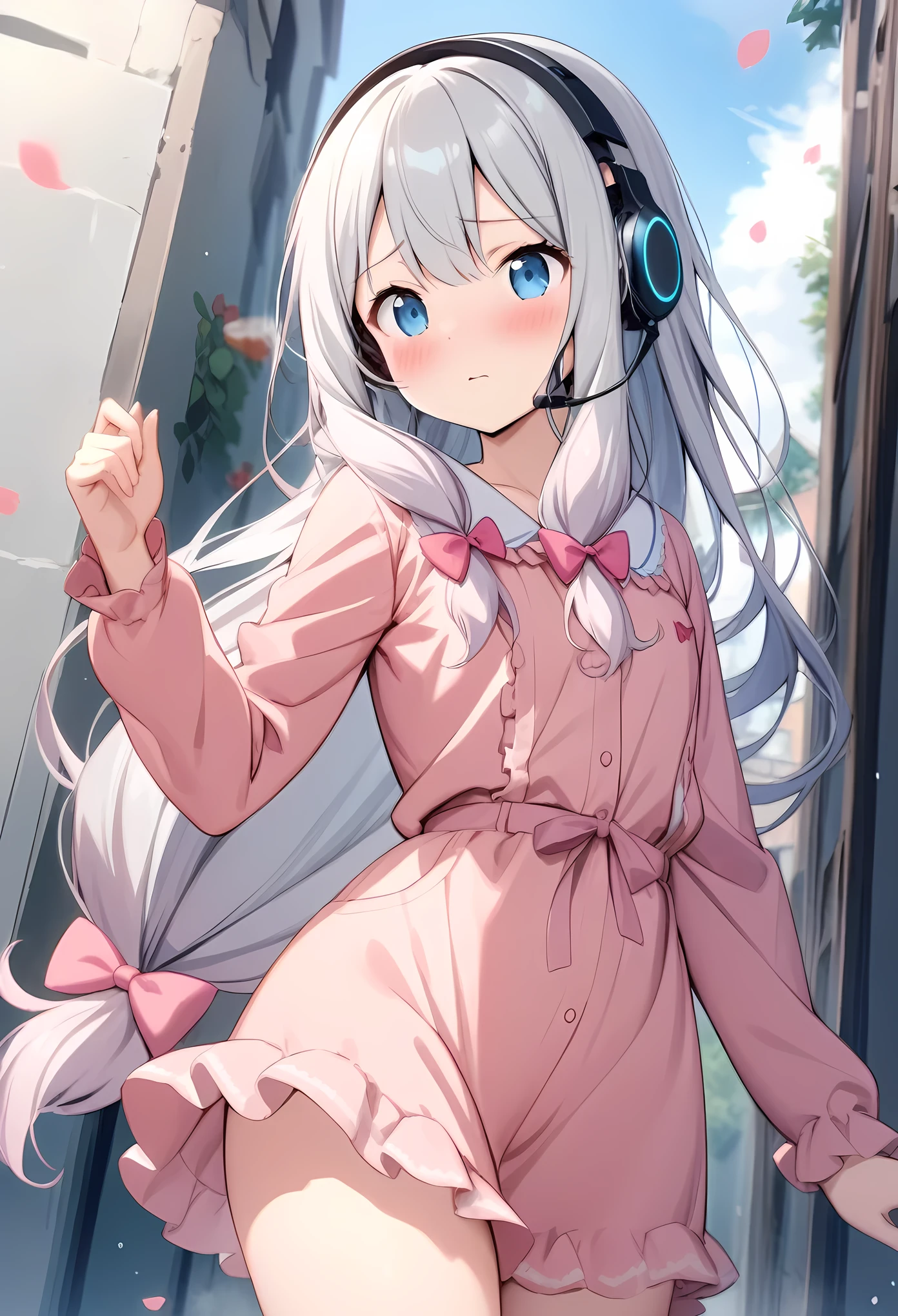 masterpiece, best quality, very aesthetic, absurdres, intricate, overall detail, cowboy shot,
eromanga_sensei, izumi_sagiri,blue_eyes, blush, bow, dress, grey_hair, hair_bow, headphones, headset, long_hair, long_sleeves, low-tied_long_hair, pajamas, pink_bow, pink_dress,white_hair, falling_petals, outdoors, petals,