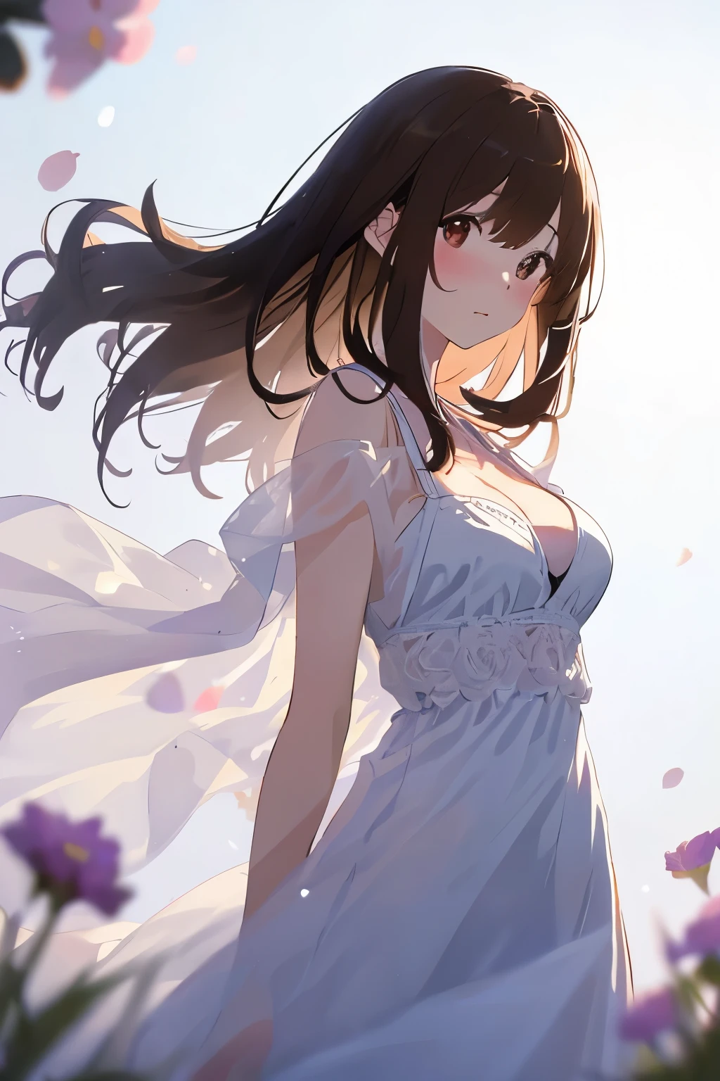 best quality, masterpiece, solo, 1 Female、Age 25、Larger breasts、(Cleavage)、(Slender figure)、sheer white dress、From the side、Poses that emphasize the chest、(White highlight in pupil:1.2)、Dark reddish brown eyes、(Black-haired:1.2)、(Medium Hair)、(View your viewers:1.2)、White skin、(blush)、(Embarrassed expression)、(I blur the background a lot to make the woman stand out.:1.3)、(The sunlight shines in)、(Beautiful flowers in the background)、The wind is blowing