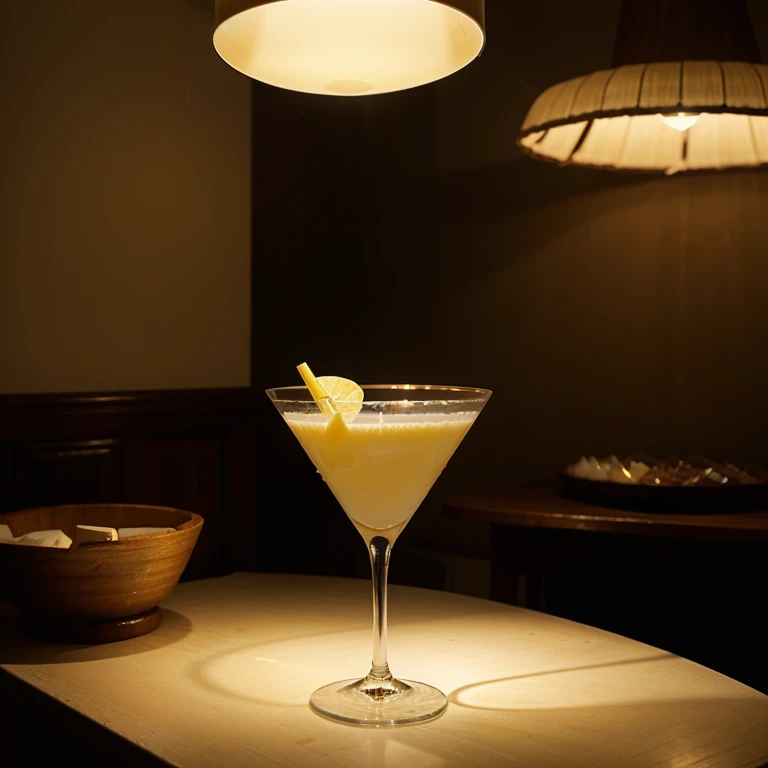 Produces a pale yellow drink, servida en una copa martini", with white lighting