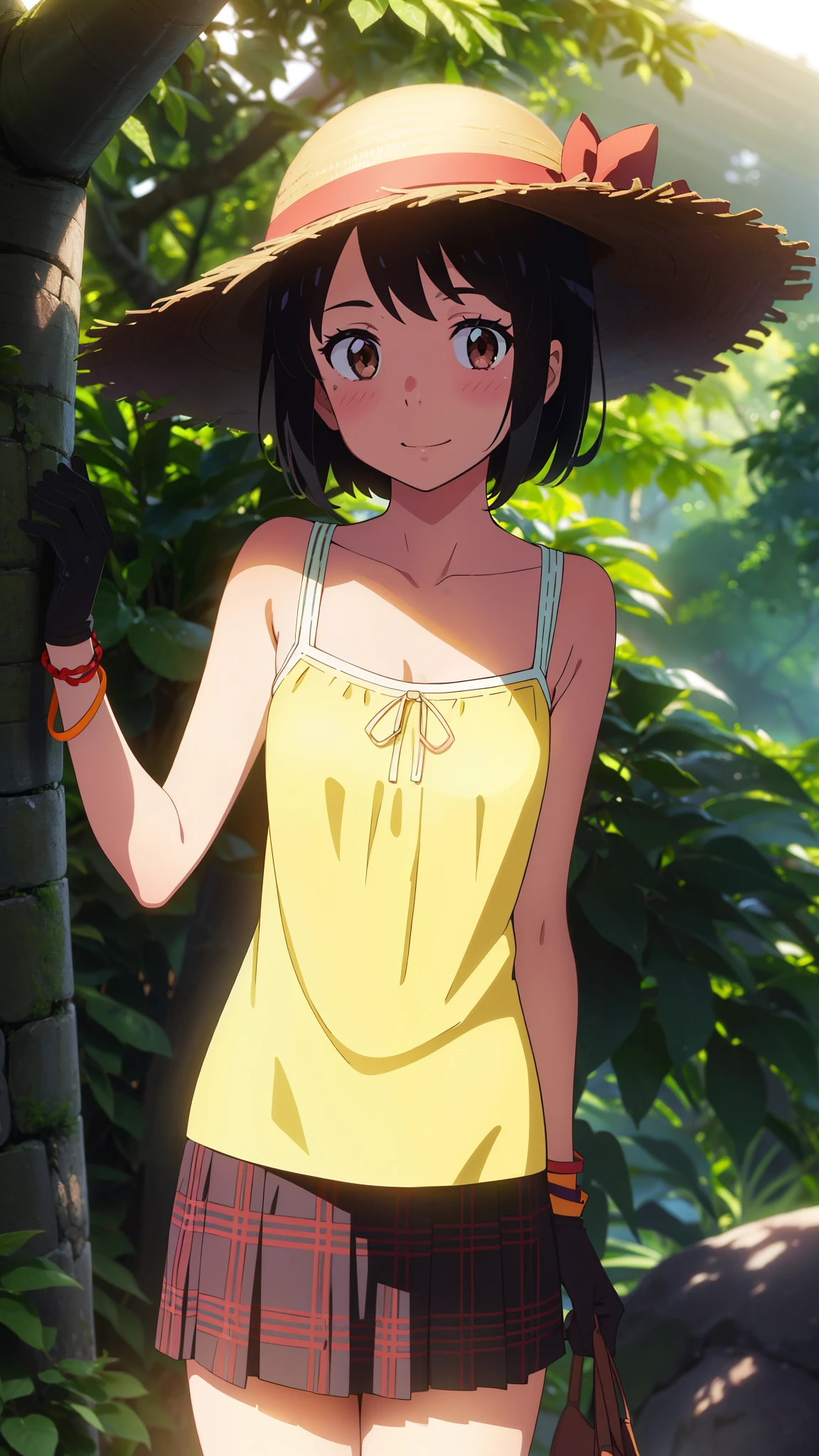shinkai makoto, kimi no na wa., 1girl, bangs, black hair, blush, brown eyes, red headband, red ribbon, bracelet, short hair, cute, beautiful, shinny skin, looking at viewer, smile, cute, solo, camisole, skirt, plaid skirt, short sleeves, outdoors, gloves, straw hats, Rainforest background, in the forest, evening, sunset, upper-body