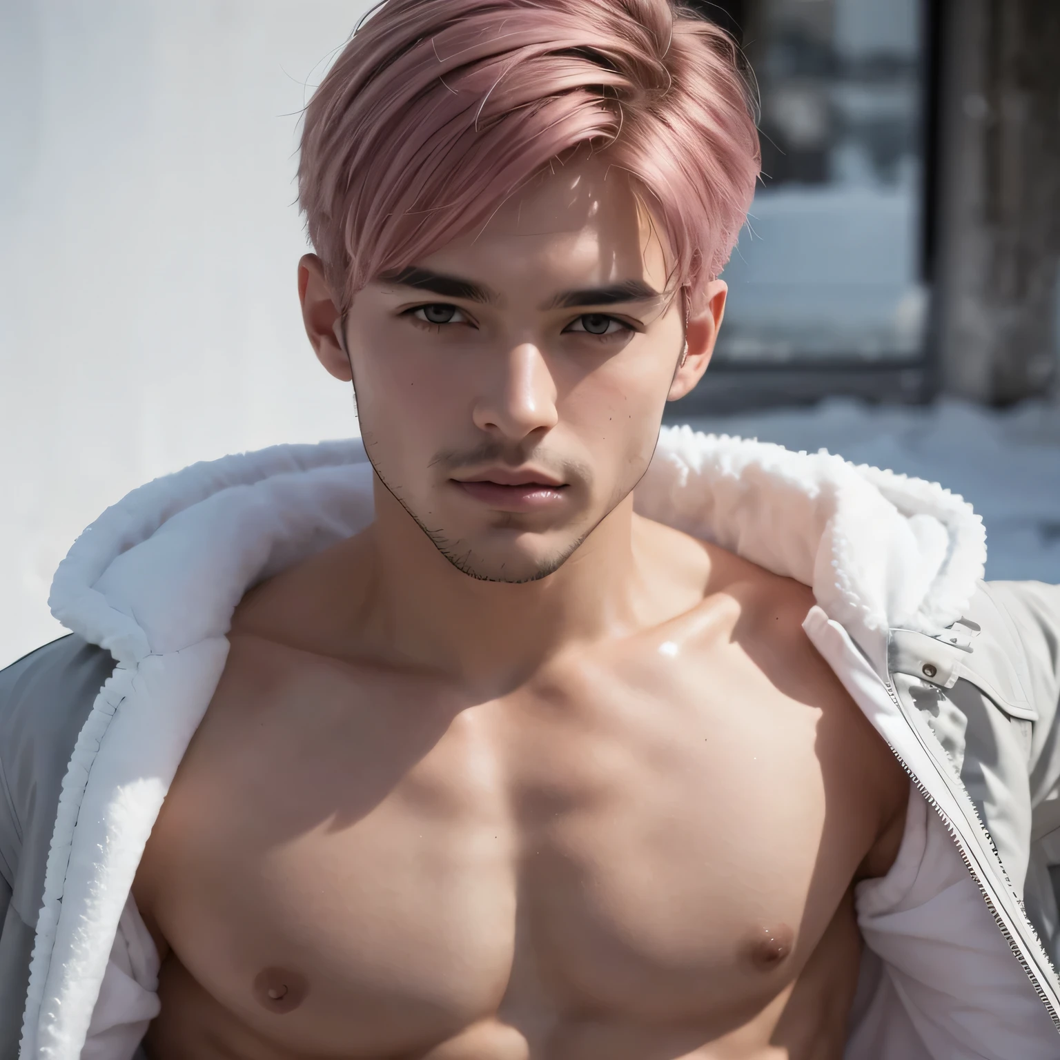 Men, portrait, ultra deatailed, shirtless, winter, pink short hair