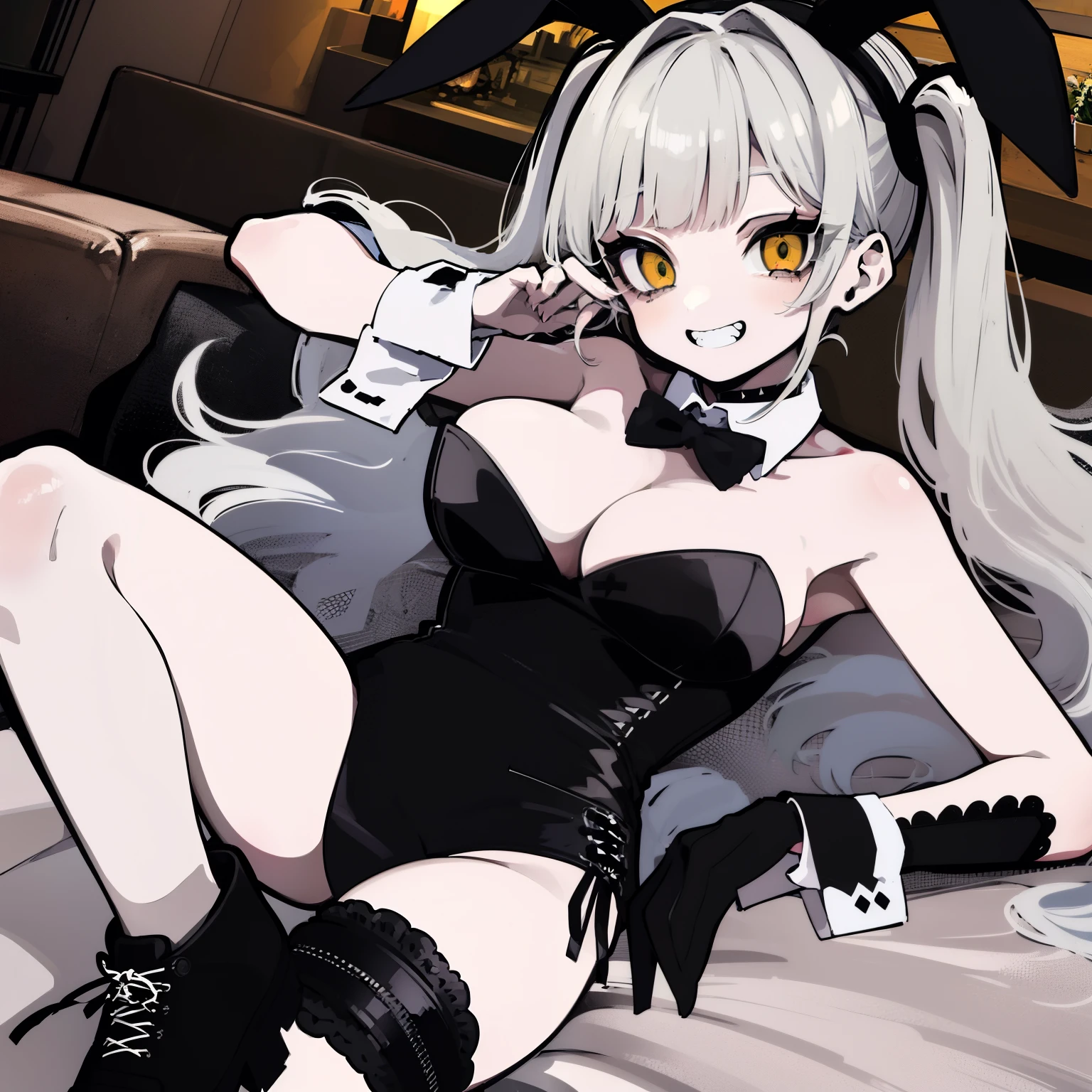{{{{masterpiece}}}},{{highest quality}},{{Official Art}},{{Highly detailed CG Unity 8k wallpaper}},{{{Art Book}}},One Girl, ((Gray Hair)), ((Messy Hair)), (short hair), ((Twin tails)), ((Diagonal bangs)), Yellow Eyes, Slanted Eyes, teeth, (((A nasty smile, Grin, teeth))), ((playboy bunny)), Spiked Choker, Black shoes, Huge breasts, {{White skin}}, Bright Eyes, Neck wrinkles, alone, Young girl,