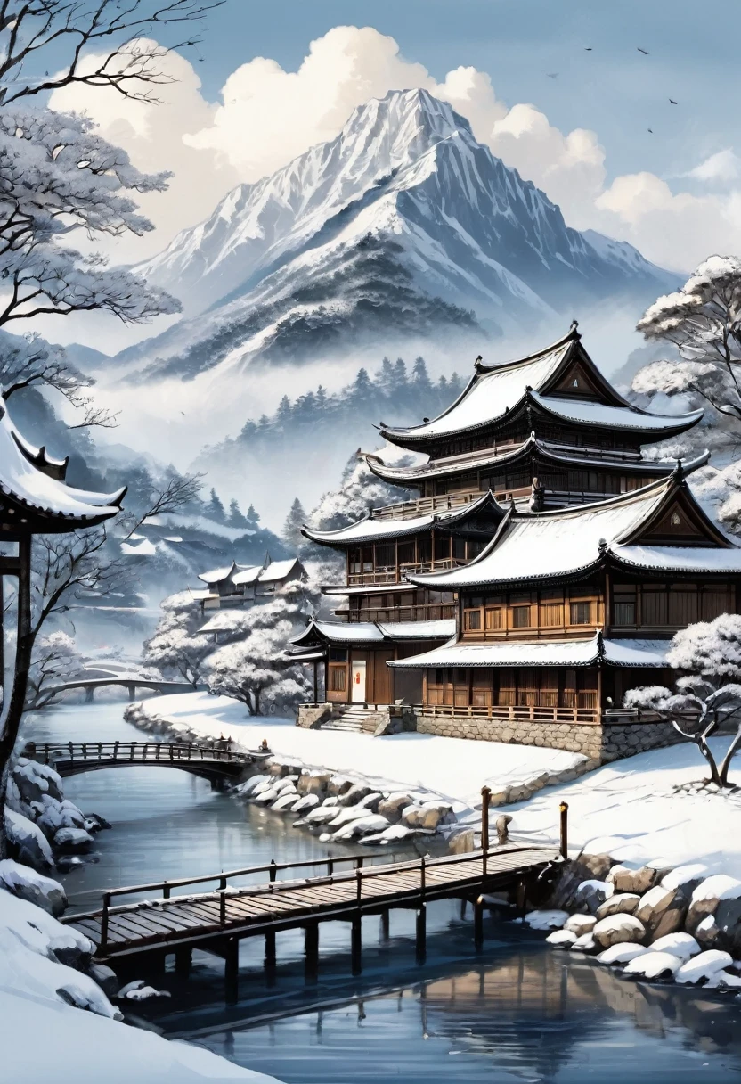 Watercolor Landscape, (snowing:1.2), exquisite lines, historic building,plan illustration,minimalism,ink style,tree,checkmark,architecture,scenery,cloud,water,sky,watercraft,outdoors,waterfall,pagoda,boat,building,bridge,mountain,river,rich details,wooden boat,white sky,dark clouds,(snow covering the house),snowing heavily,major snow, best quality, masterpiece, very aesthetic, perfect composition, intricate details, ultra-detailed