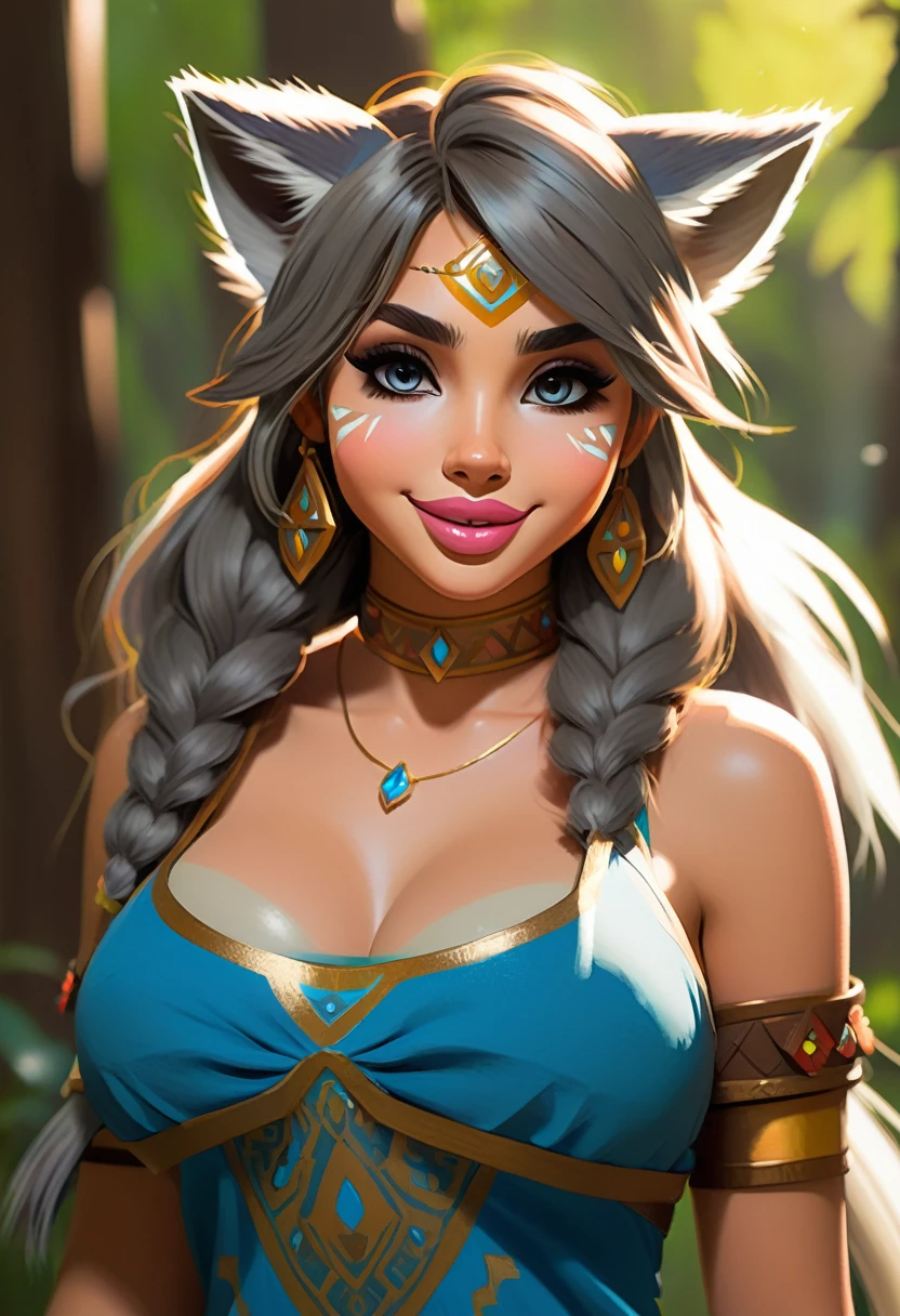 An Illustrated, Hand-Drawn, Full Color, Warm Lighting, Shadows, Graphite Shading, Stencil Marks, Airbrushed Acrylic Paint, In The Style Of Breath Of The Wild. ((masterpiece)), ((best quality)), (detailed), luscious lips,
image of anthro racoon girl, female, humanoid, furry, beauty, cute, adorable, grey skin color, hi res, sharp, detailed background, wide smile, bright eyes. Mystical lighting in background. Romantic vibes.