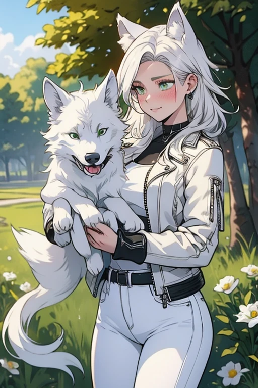 A white haired woman with green eyes and white wolf ears and a white wolf tail in a leather jacket and jeans is blushing in the park with a bouquet of flowers