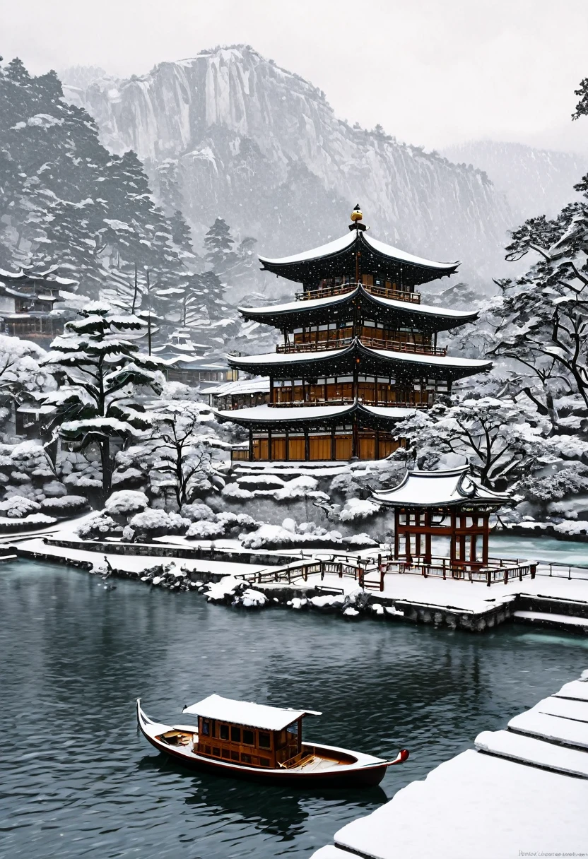 Watercolor Landscape, (snowing:1.2), exquisite lines, historic building,plan illustration,minimalism,ink style,tree,checkmark,architecture,scenery,cloud,water,sky,watercraft,outdoors,waterfall,pagoda,boat,building,bridge,mountain,river,rich details,wooden boat,white sky,dark clouds,(snow covering the house),snowing heavily,major snow, best quality, masterpiece, very aesthetic, perfect composition, intricate details, ultra-detailed