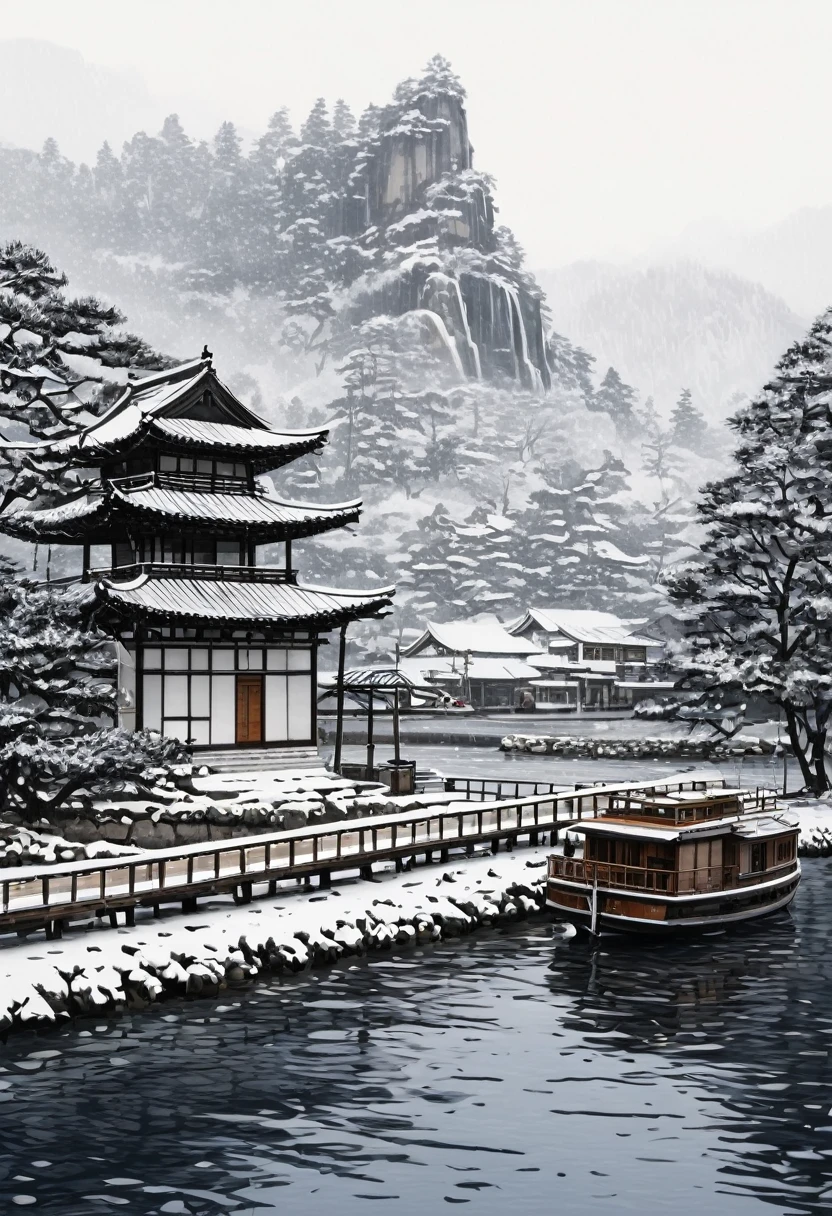 Watercolor Landscape, (snowing:1.2), exquisite lines, historic building,plan illustration,minimalism,ink style,tree,checkmark,architecture,scenery,cloud,water,sky,watercraft,outdoors,waterfall,pagoda,boat,building,bridge,mountain,river,rich details,wooden boat,white sky,dark clouds,(snow covering the house),snowing heavily,major snow, best quality, masterpiece, very aesthetic, perfect composition, intricate details, ultra-detailed