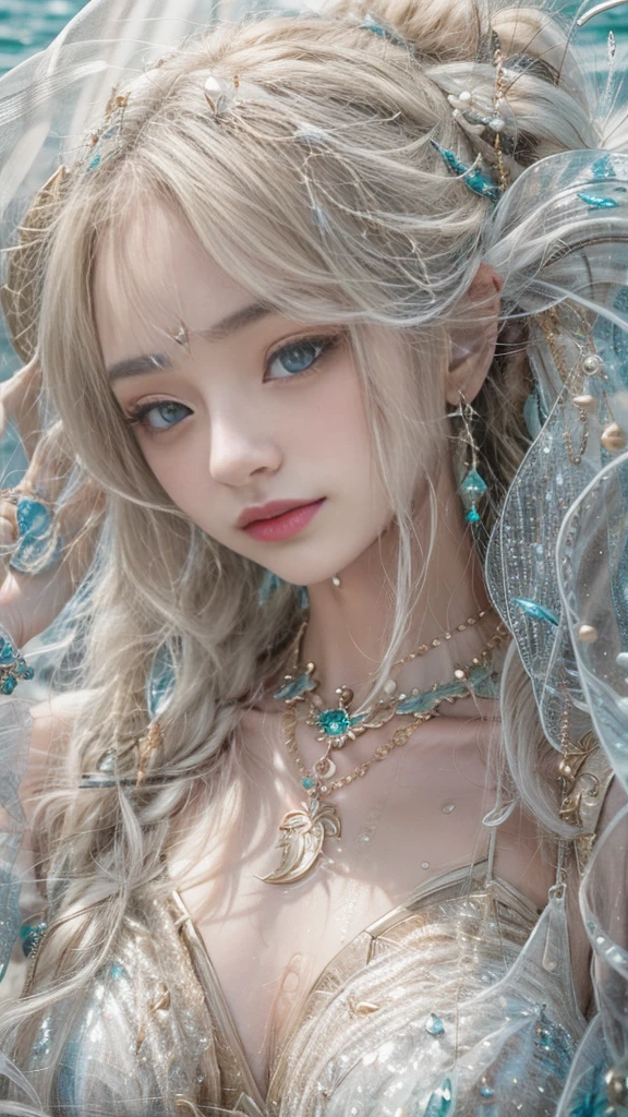 (RAW shooting, dignity:1.0, 32k:1.5, highest quality, masterpiece, Ultra-high resolution), (snow, Ocean:0.7, Majestic Background:0.7, Mystical Expressions:1.3, Expressions of sadness:1.0), Perfect dynamic composition:1.3, 非常にdetailedな肌と顔の質感:1.3, (Slim Mermaid:1.3, Mermaid tail), Random Shot, Fair skin:1.2, Incredibly slim body:1.2, Fractal Art:1.1, Very beautiful face:1.1, Water droplets on the skin, detailed, (Rain drips down on my body:1.1, Wet body:1.1, Wet Hair:1.1), (Posing Pro:0.9, With a wet bouquet:0.9, Colorful and gorgeous mermaid dress portrait:1.1, Woven Belt), Shapely breasts, (Big eyes that exude beautiful eroticism:0.5, Lips that exude beautiful eroticism:0.5), I love you, Very sweet atmosphere, necklace, Earrings, bracelet
