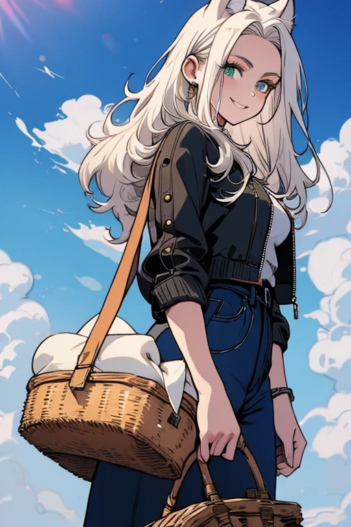 A white haired woman with green eyes and white wolf ears and a white wolf tail in a leather jacket and jeans is smiling with a picnic basket in her hands