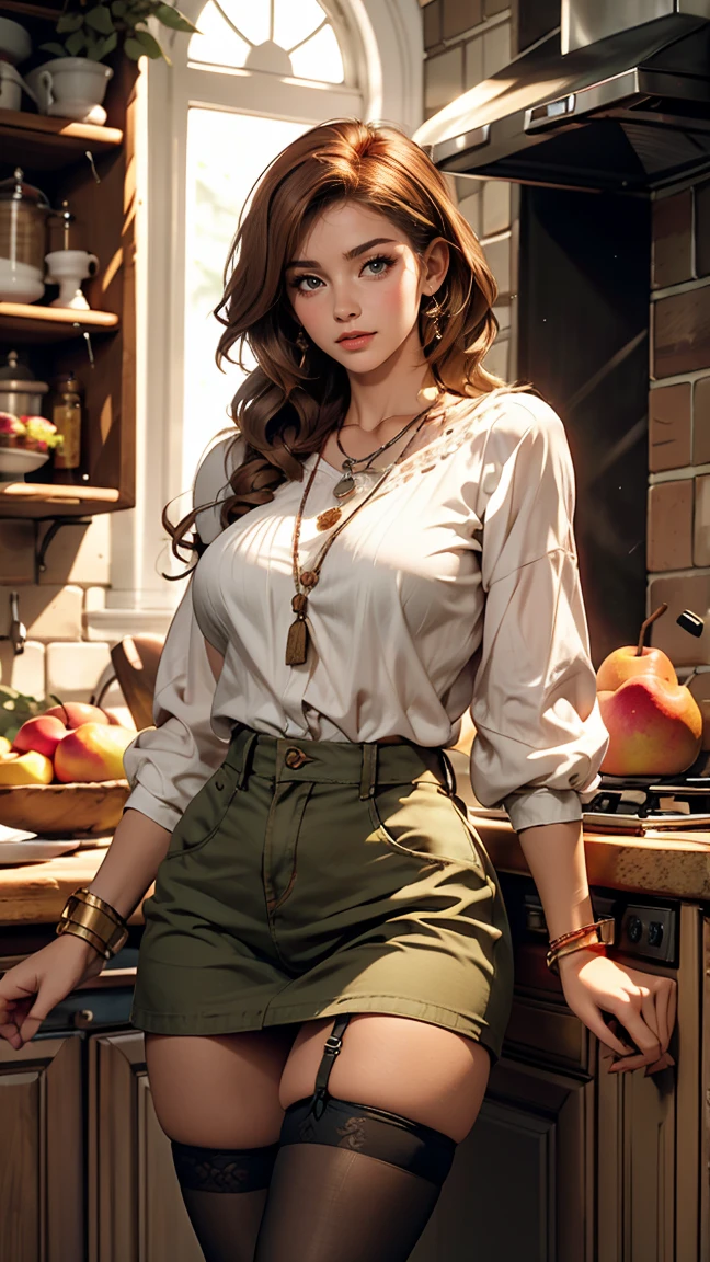 full body shoot, in a kitchen, Luma is a gracious person, She is beautiful、Has a strong attitude, Her breasts are voluminous, Feminine pear-shaped silhouette, Auburn Hair, long Auburn Hair, She has expressive eyes, (Eyes are olive green), Her skin turns white, Big Breasts, farm, rustic clothing, Bohemian style clothing, farm bohemian fashion clothes, Romantic atmosphere, The Light of the Fire, The fire shines, bra, panty, stockings, slim body, Half of the hair has curled ends,