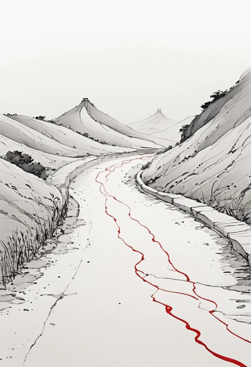 Watercolor Landscape, minimalist art,Chinese ink,fine and smooth brush strokes,Simple lines outline a winding path,chinese ancient woman in red Stand at the end of the road seems to be waiting for something,leave a large area blank,clean white background,feeling of loneliness,zen and ethereal,abstract composition,Ultrawide shot,HD, best quality, masterpiece, very aesthetic, perfect composition, intricate details, ultra-detailed