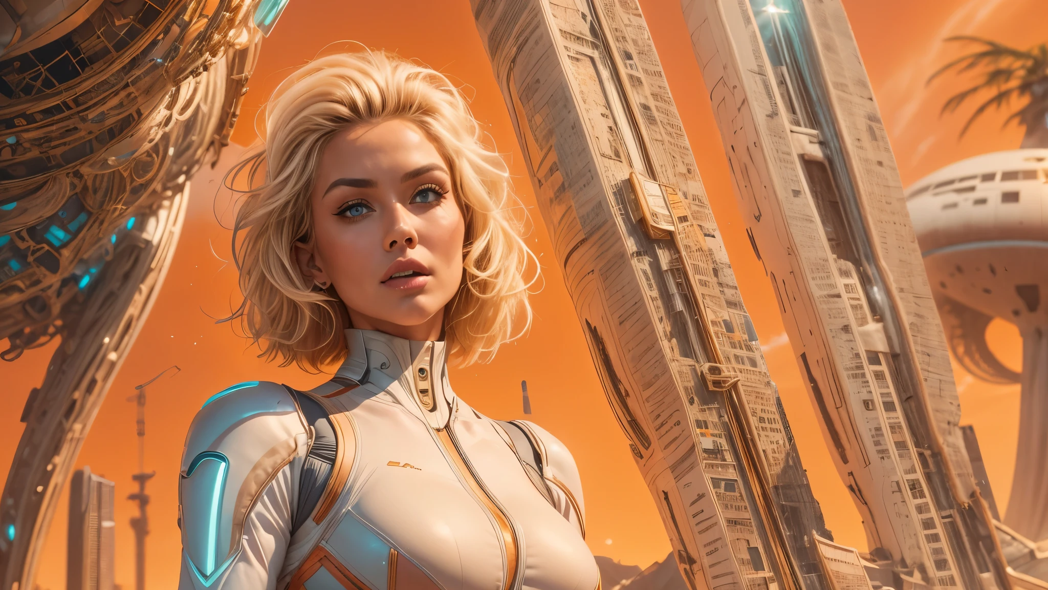arafed image of a white woman in a futuristic suit with a spaceship in the background, movie art, in front of an orange background, inspired by Robert McGinnis, female protagonist, megastructure in the background, portrait of an ai astronaut, astronauts, an astronaut, portrait of a astronaut skeletor, perfect android girl, detailed eyes, perfectly detailed teeth, frank franzzeta and sakimichan