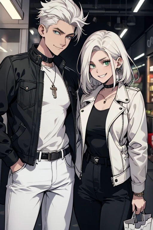 A white haired woman with green eyes and white wolf ears and a white wolf tail in a leather jacket and jeans is smiling while shopping