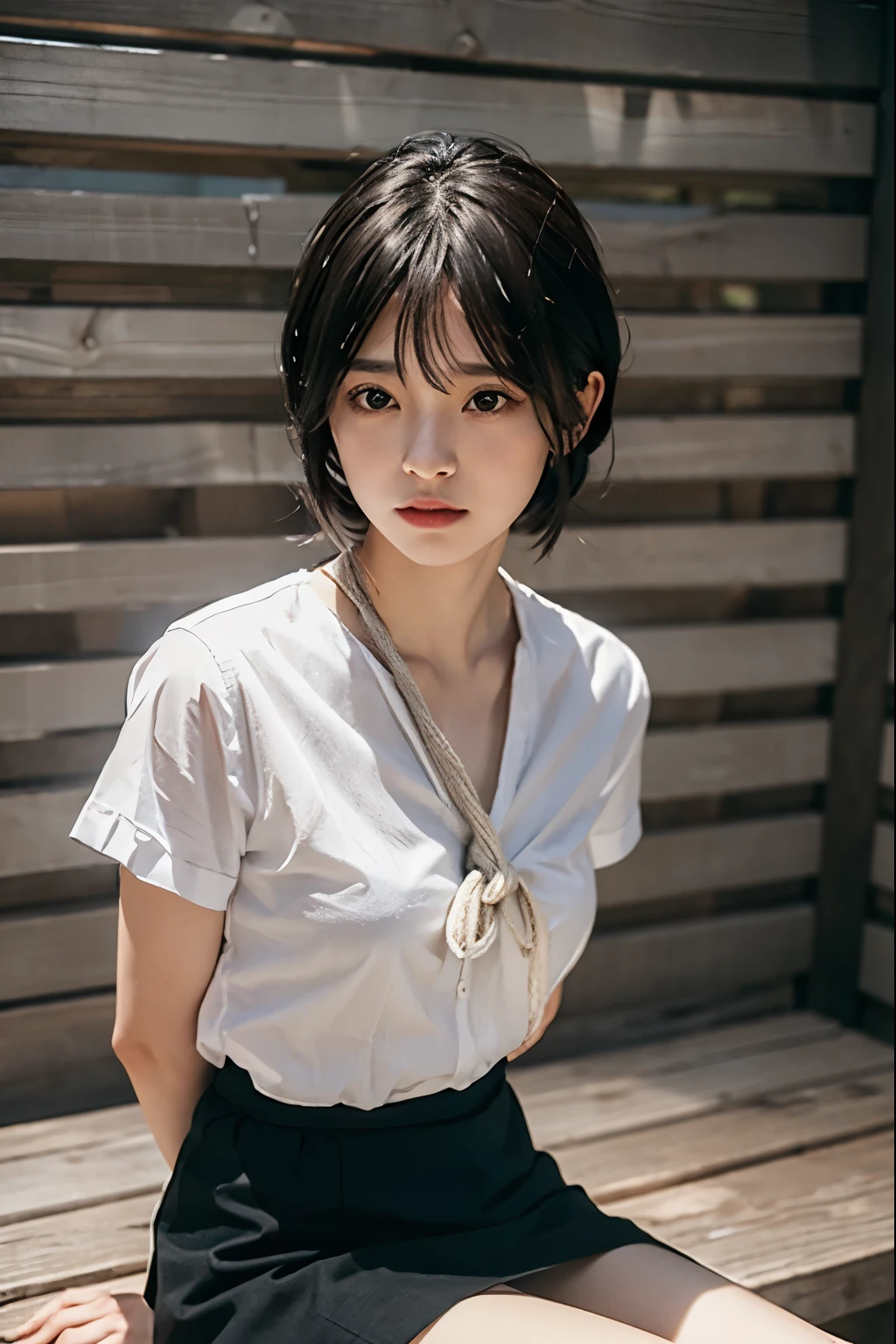 A woman who has been and tied up、Hands tied with rope、21talent、Beauty、Well-formed face、Beautiful black hair、Has bangs、Well-balanced proportions、Beautiful legs、Make your eyes even、Dark short-sleeved shirt、skirt、White panties are visible、Facing forward、sitting in front of a cabin in the woodedium build、Like real life、highest quality、