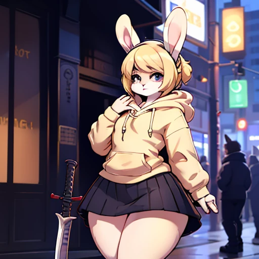 ((furry Rabbit female)) , huge wide hips, white fur body , wearing skirt ,Blonde hair,((Better quality )) ,Rabbit ears , wearing hoodie , hold katana 