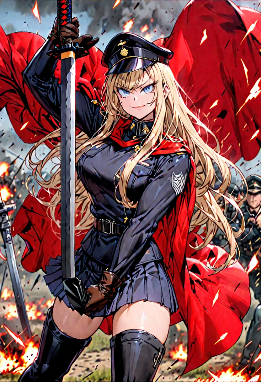 Solo, female, sfw, medium shot, very long hair, blonde hair, extremely tall woman, blue eyes, black military uniform, red cape, thigh boots, smug smile, battlefield, military hat, muscular, leather gloves, adjusting gloves, action pose, bastard sword, huge sword, pleated skirt