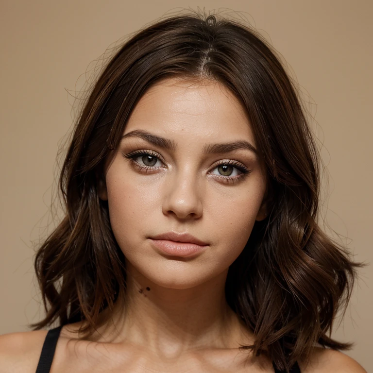 Femme attirante brune avec les yeux couleurs noisettes et des tâches de rousseur. pouty lips. Visage fin. Teint mat 