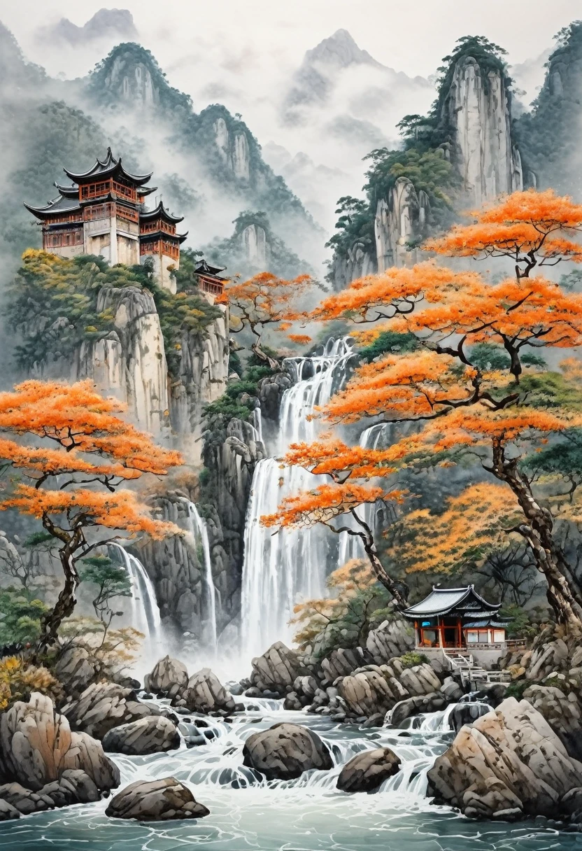 Watercolor Landscape, Under the white clouds lies a high mountain jungle in the distance, where there is an ancient building surrounded by a forest. In the autumn season, there is an orange painting style, waterfalls in the mountains, flowing with fine water, and a small path paved with stone slabs. In front of me, there is a thick and large tree, ink paintings, colorful scenes, super detailed skills, optimal proportions, Ink style, Chinese Style, best quality, masterpiece, very aesthetic, perfect composition, intricate details, ultra-detailed