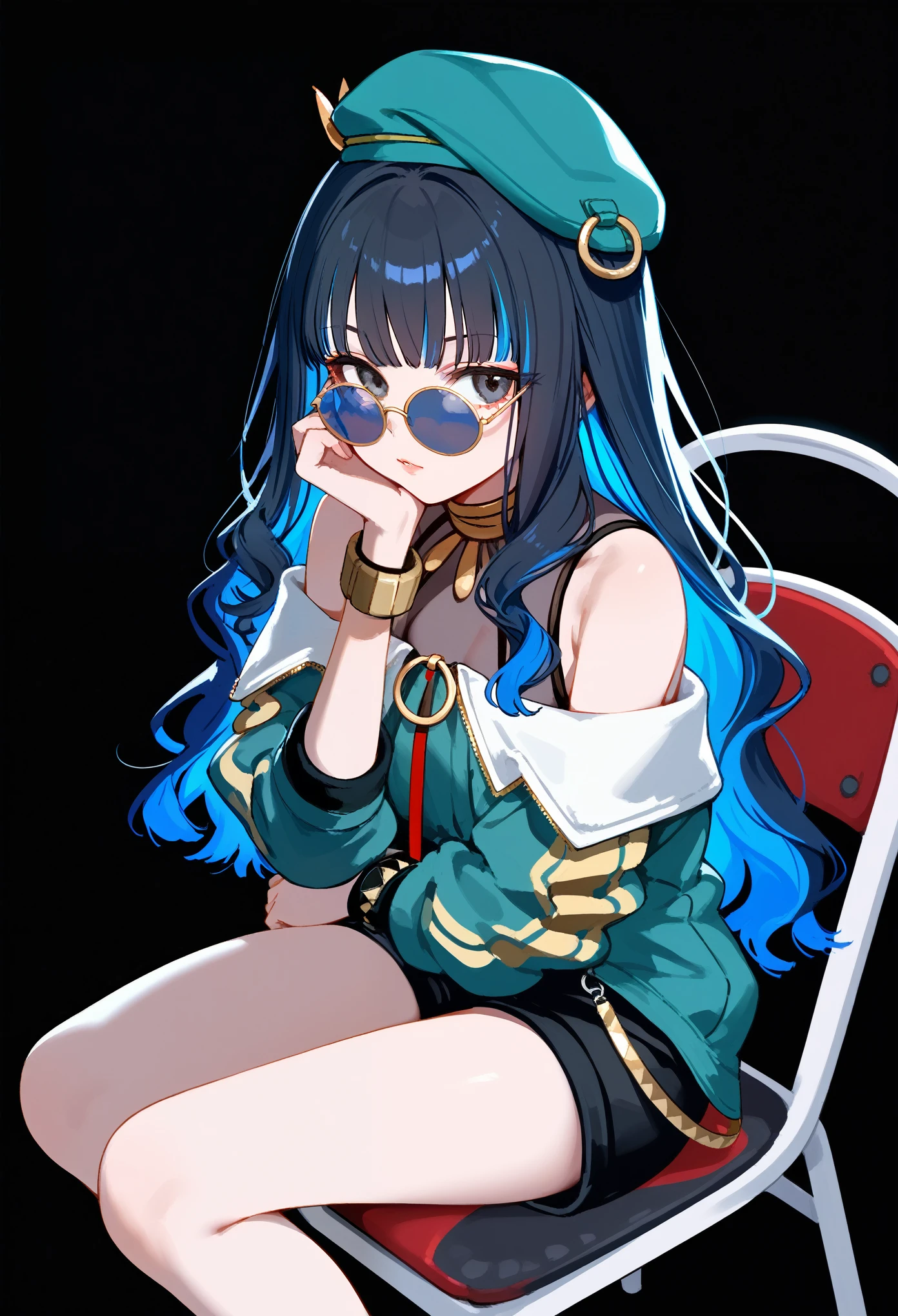 sitting,folding chair, leaning forward, 1girl, solo, long hair, black hair, colored inner hair, blue hair, wavy hair, eyeliner, makeup, jewelry, beret, o-ring, neck ring, black shorts, buttons, round sunglasses, bracelet, bare shoulders, green jacket, white jacket, off shoulder, zipper, from above, black background, simple background, masterpiece, score_9, score_8_up, score_7_up