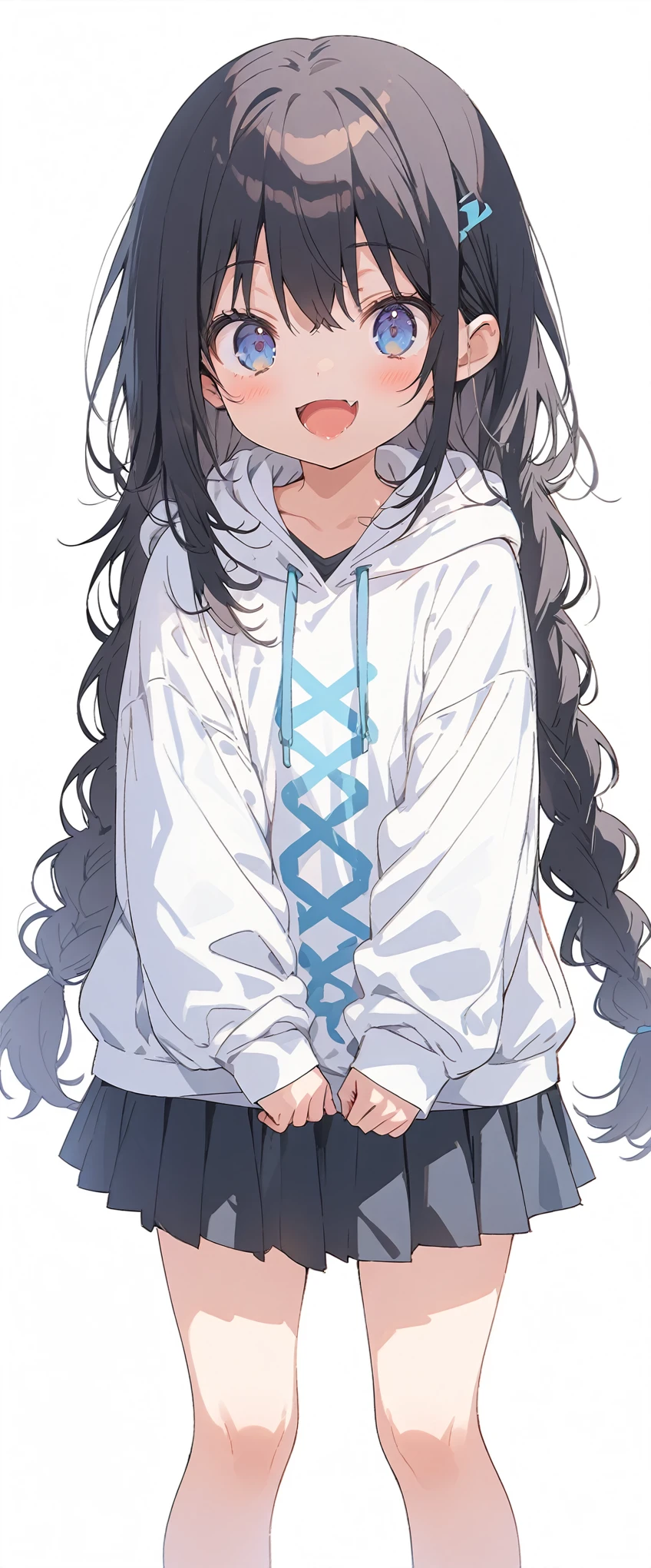 White background、Solid white background、Blank background、just standing girl, only one girl、Full body shot from the front,Ultra-high resolution, highest quality,fish-bone braid hair、Fishbone Hair、Flat Chest、beautiful detailed eyes、black hair、Black hair × Blue eyes、blue eyes、Open your mouth without showing your teeth、Smile with mouth wide open、Plain white hoodie、Black pleated skirt、barefoot